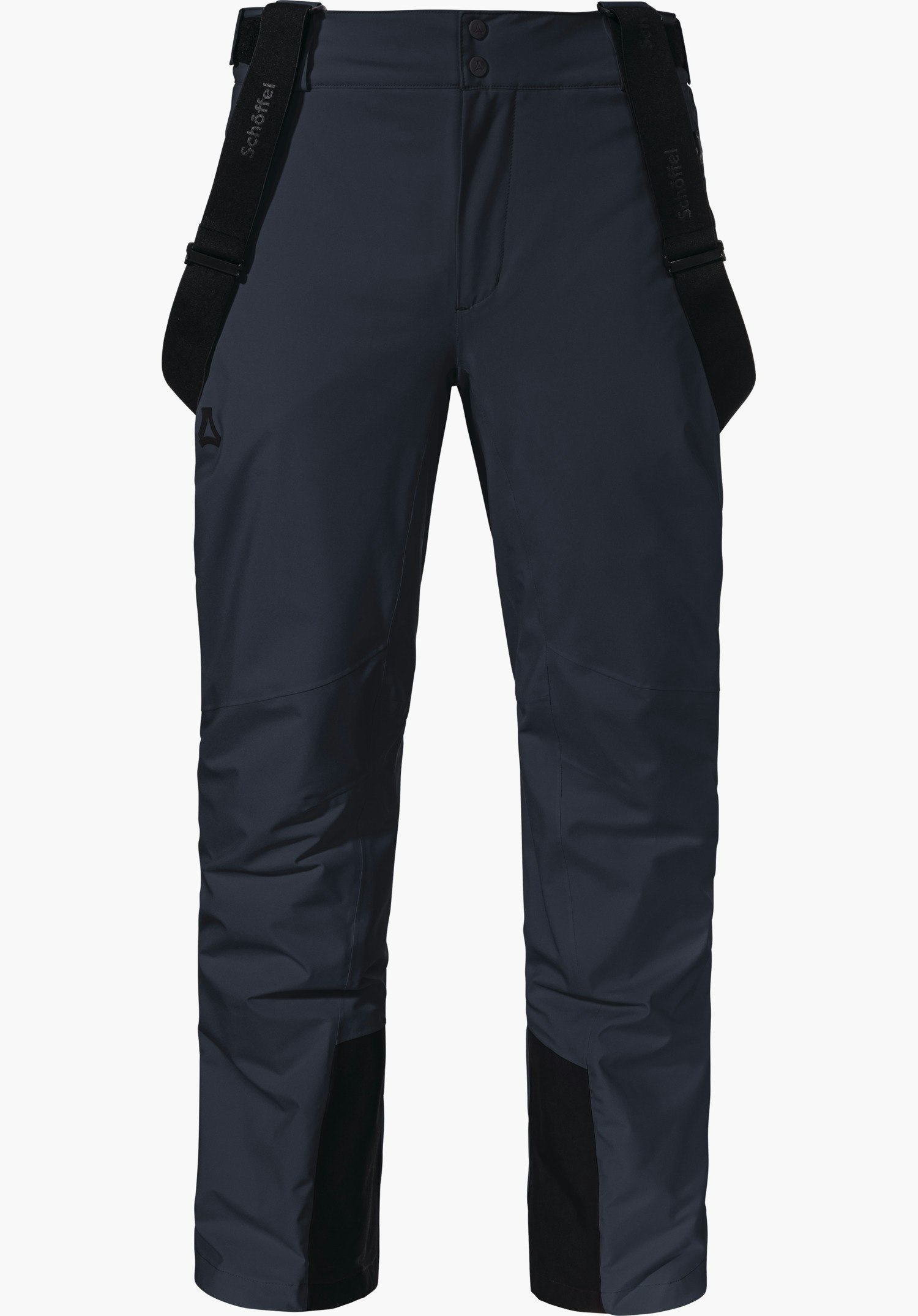 Pants Style Pine MNS Dunkelblaue Skihose mit schwarzen Hosenträgern, Schöffel-Logo an der Oberschenkelaußenseite, frontal präsentiert vor weißem Hintergrund. Schriftzug: "Schöffel".