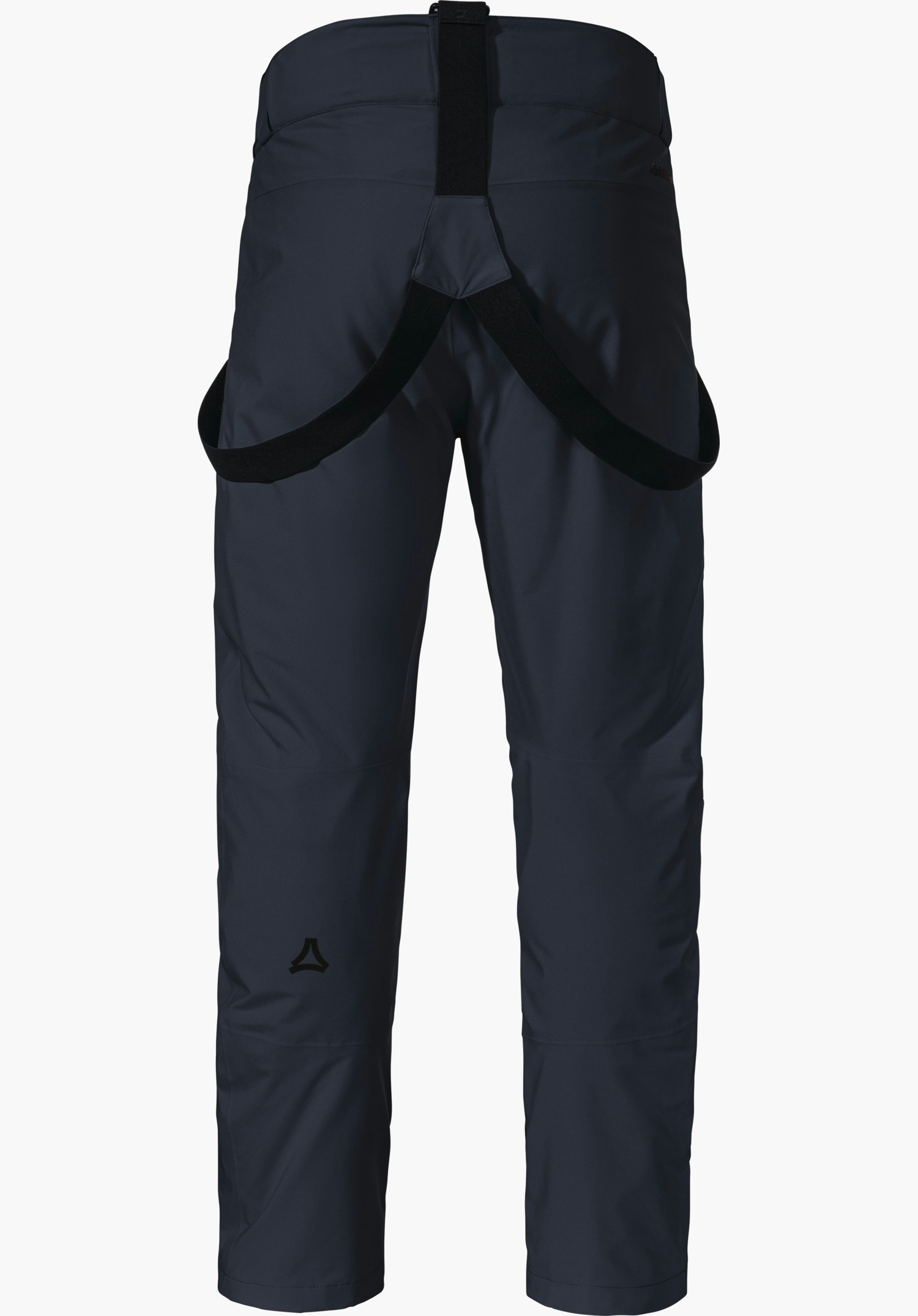 Pants Style Pine MNS dunkelblaue  Skihose mit schwarzen, herabhängenden Trägern; Rückansicht auf hellem Hintergrund; Schöffel-Logo schwarz auf dem rechten Unterschenkel.