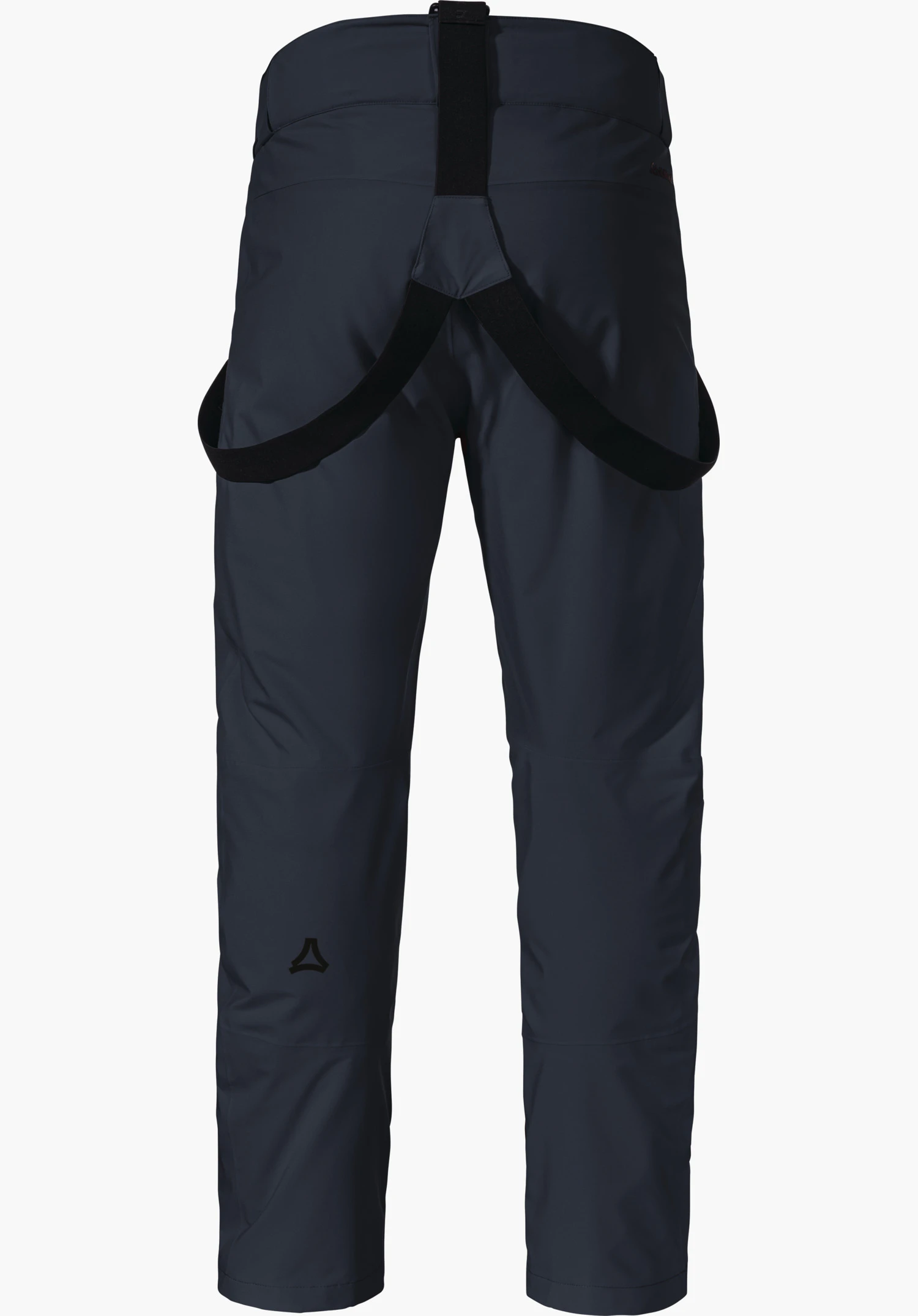 Pants Style Pine MNS Donkerblauwe skibroek, achteraanzicht; zwarte bretels hangen omlaag; lichte achtergrond; zwart Schöffel-logo op het rechter onderbeen.
