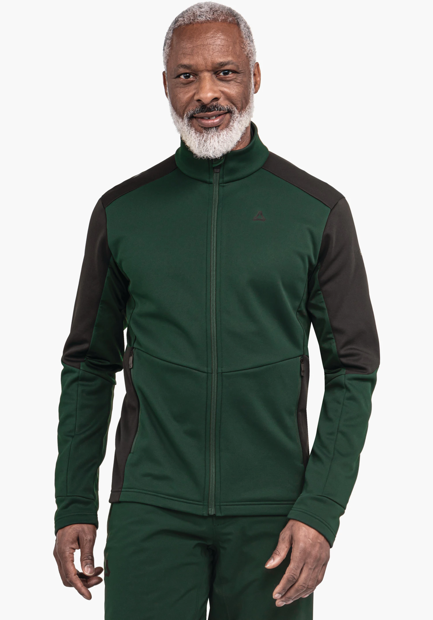 Fleece Jk Style Pontre MNS dark green sports jacket with black inserts, worn by an older man smiling while standing against a white background; Schöffel logo on the left chest.