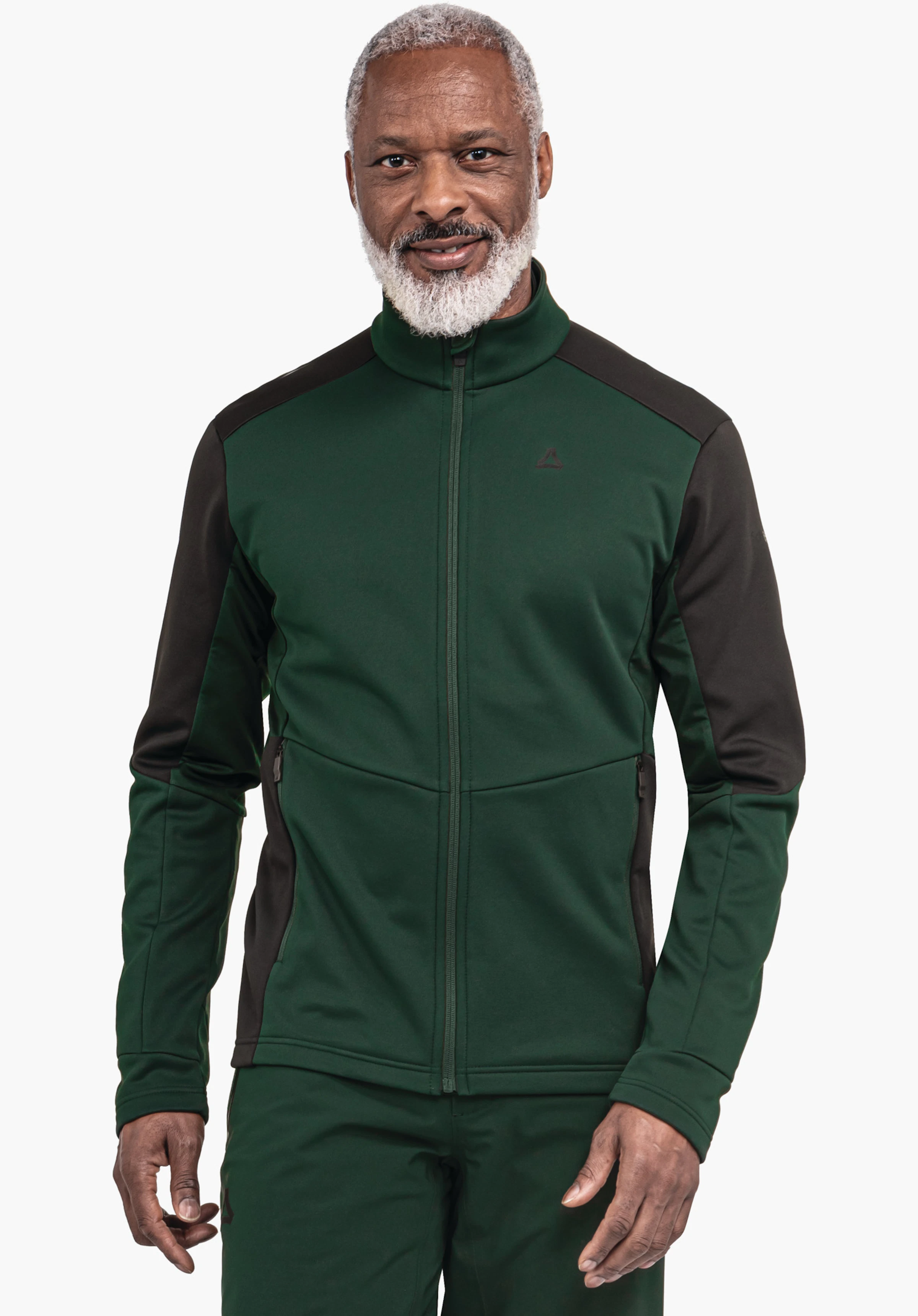 Fleece Jk Style Pontre MNS dark green sports jacket with black inserts, worn by an older man smiling while standing against a white background; Schöffel logo on the left chest.