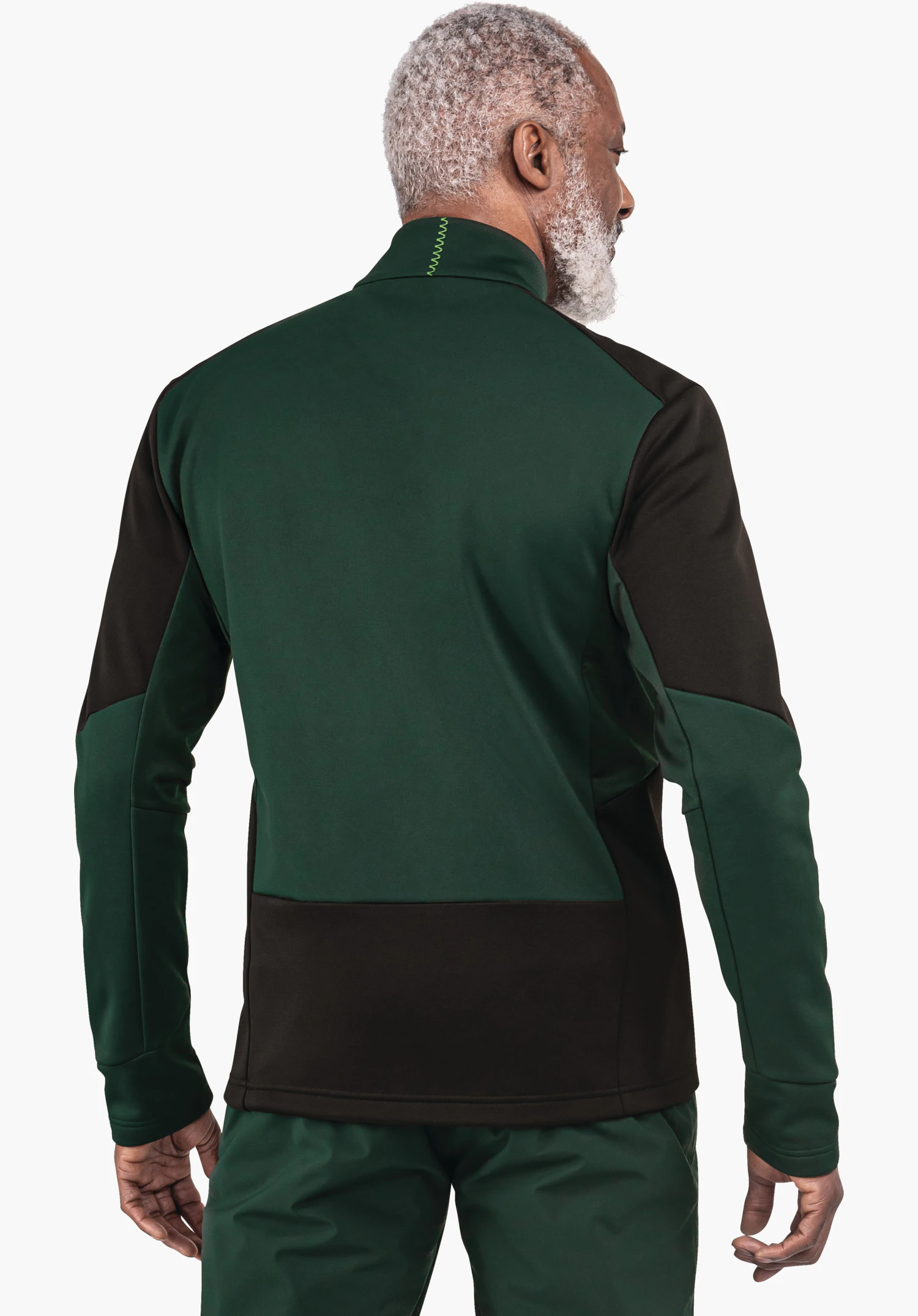 Fleece Jk Style Pontre MNS dark green sports jacket with black inserts, worn from the back by a standing person; slim fit, stand-up collar, smooth fabric; neutral white studio background.