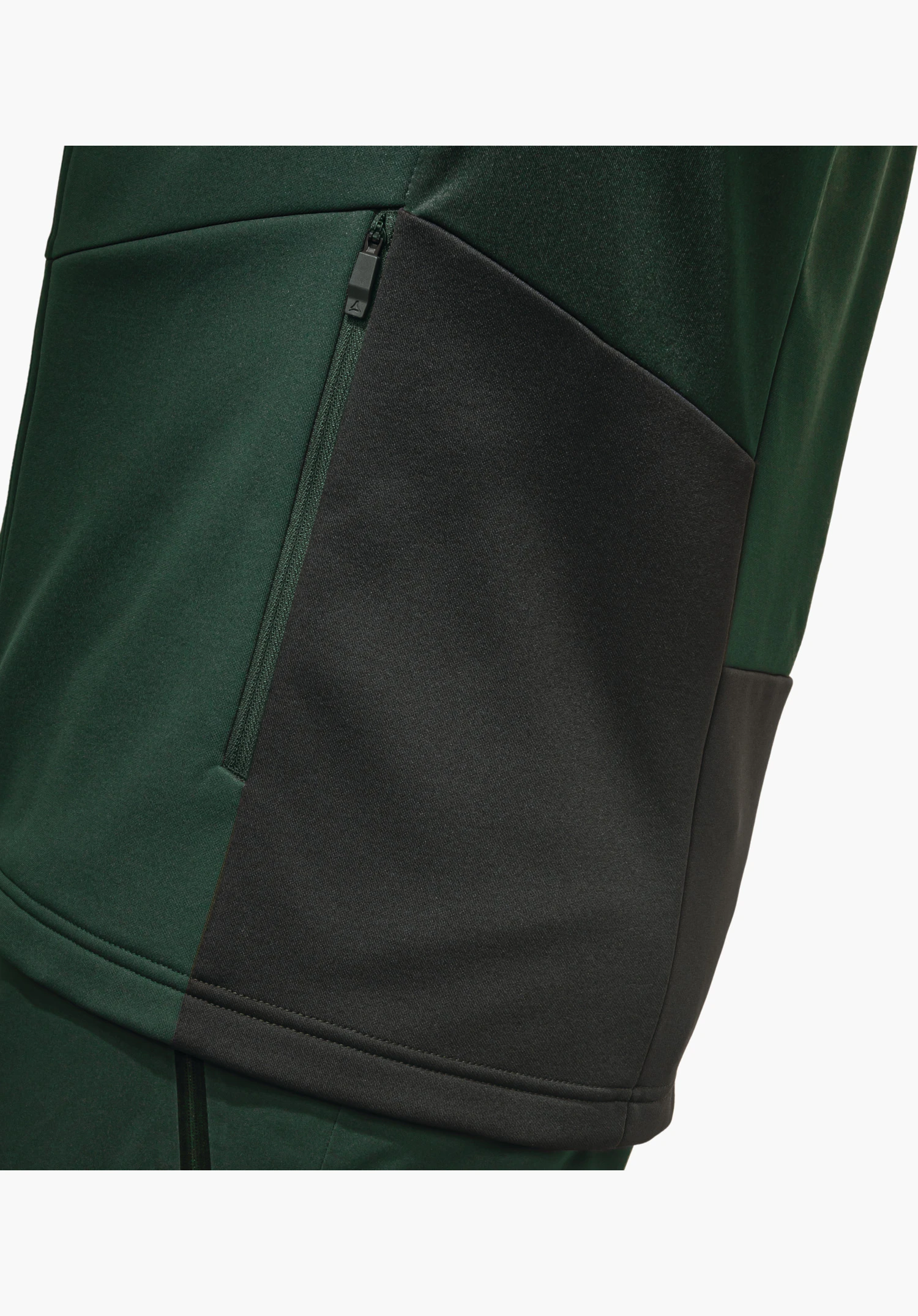 Fleece Jk Style Pontre MNS showing the side zip pocket and the dark contrasting panel on the green fabric in a close-up against a white/neutral background.