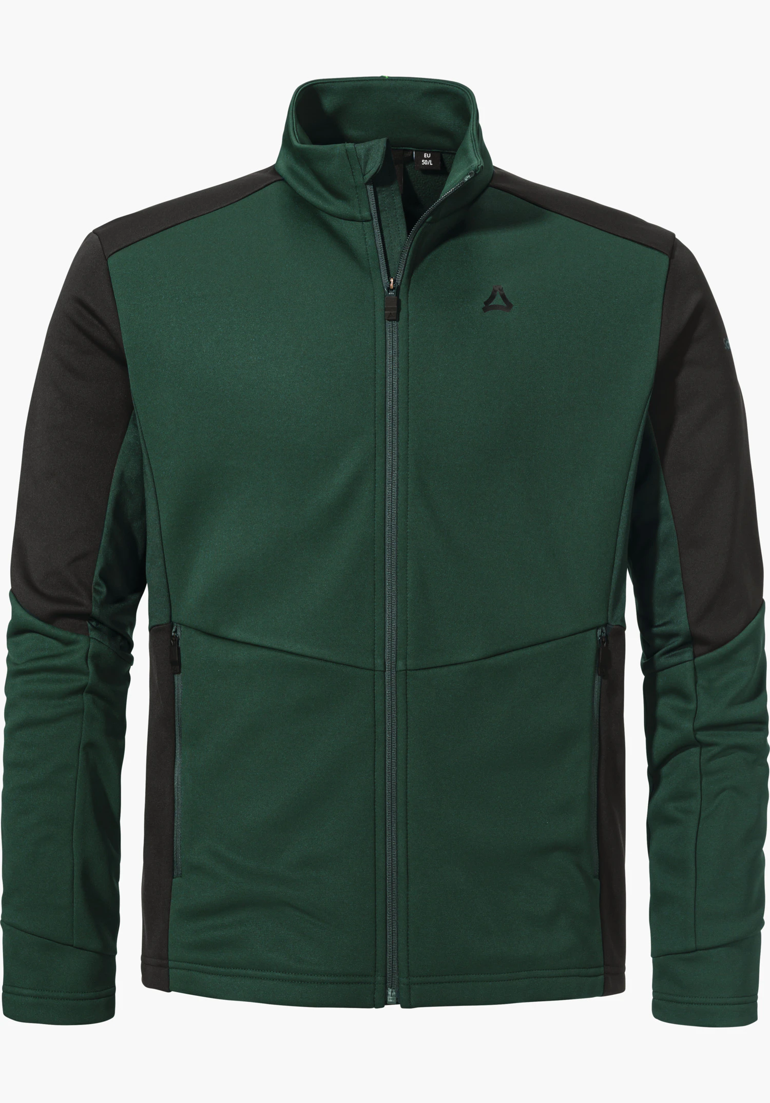 Fleece Jk Style Pontre MNS dark green softshell jacket with black insert, fully zipped, front view; Schöffel logo on chest. White background. Text: “EU 50/L”.