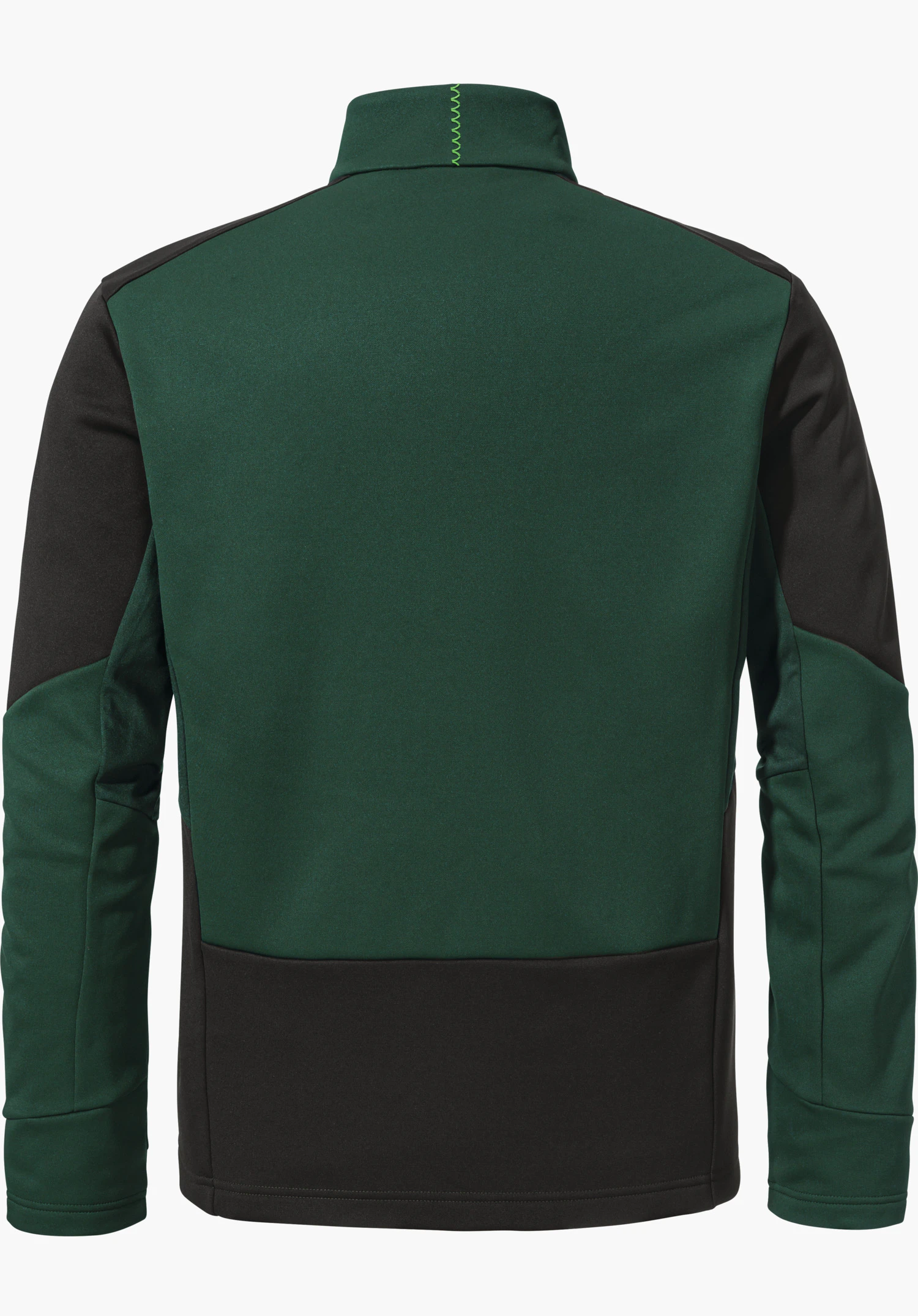 Fleece Jk Style Pontre MNS dark green fleece jacket, rear view; laid flat on a white background, black inserts on sleeves and hem, high collar with light green decorative seam.