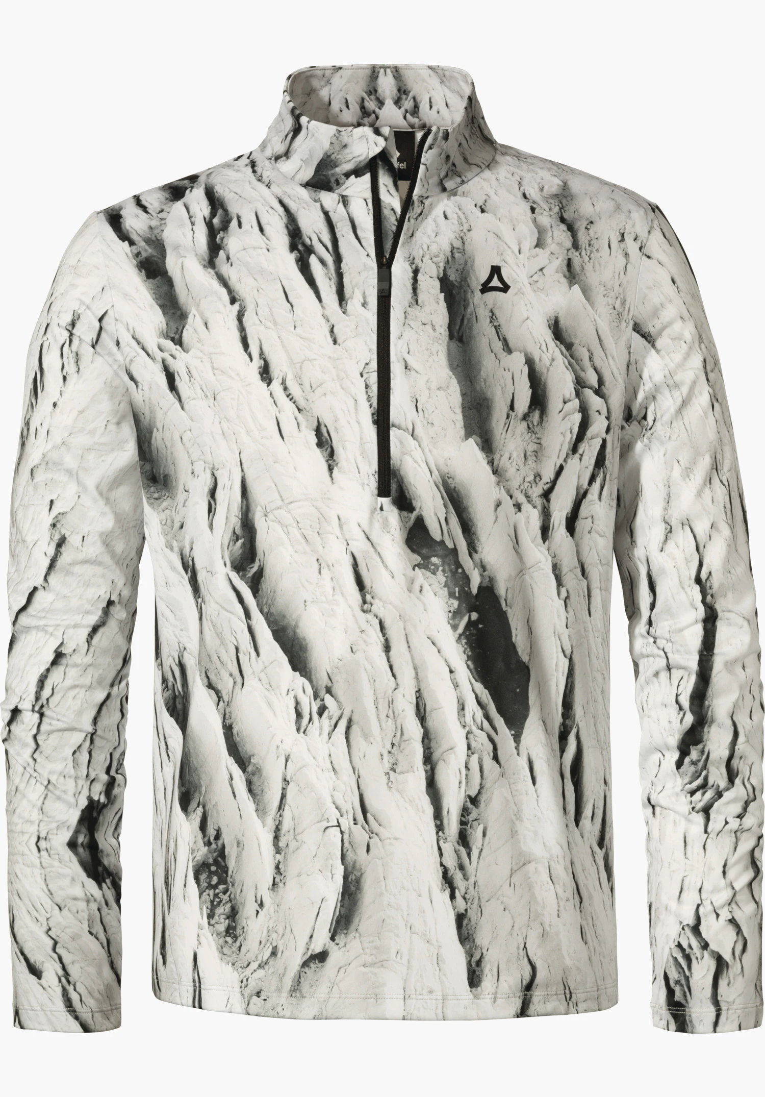 Schöffel x Tom Hegen LS MNS haut manches longues demi-zip, blanc avec imprimé marbre gris-noir, demi-fermeture éclair noire; logo Schöffel sur la poitrine; détouré sur fond blanc.