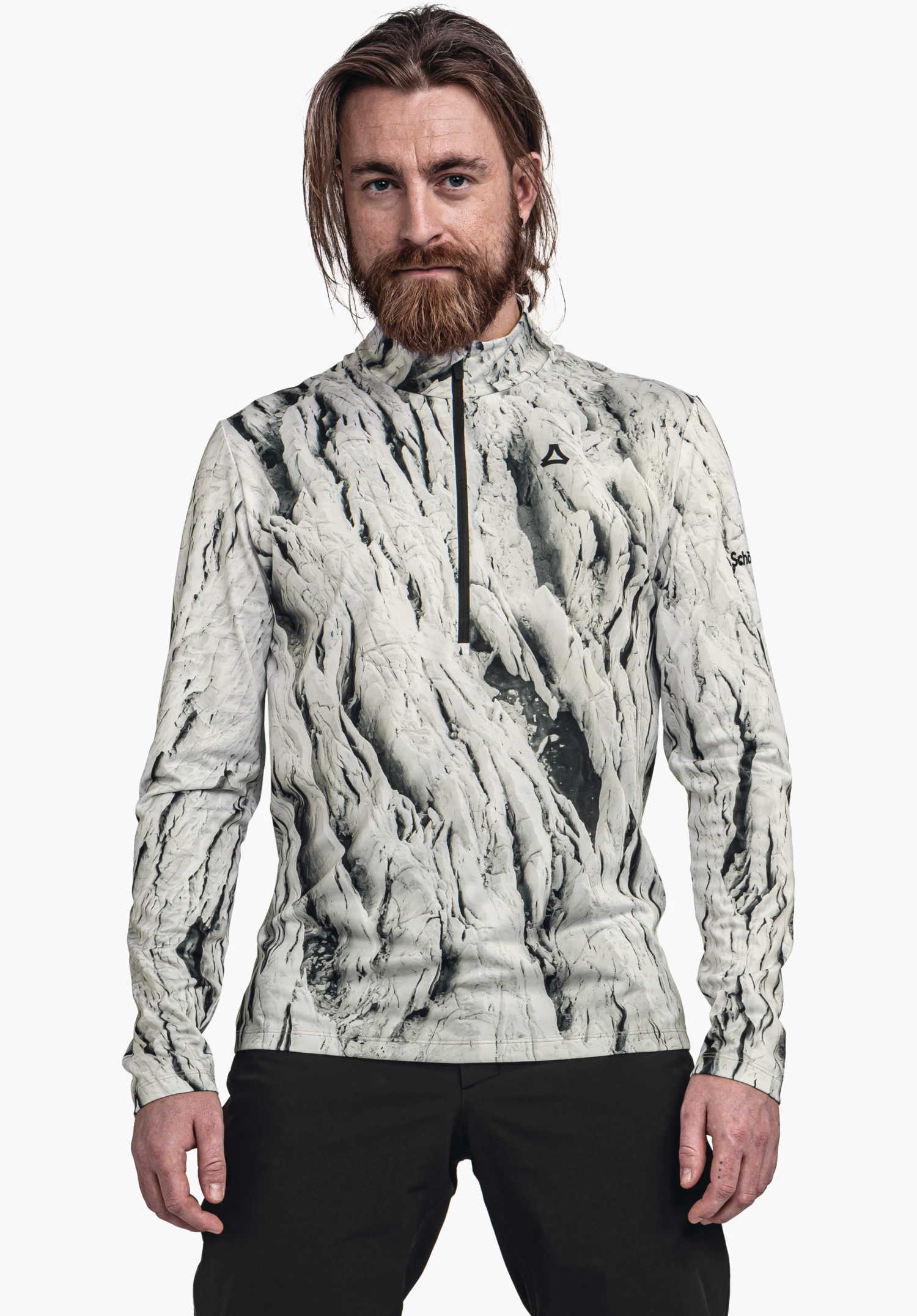Schöffel x Tom Hegen LS MNS haut manches longues avec imprimé structuré blanc clair et gris foncé; logo Schöffel sur la poitrine, inscription "Schöffel" sur la manche; porté par un homme devant un fond clair neutre.