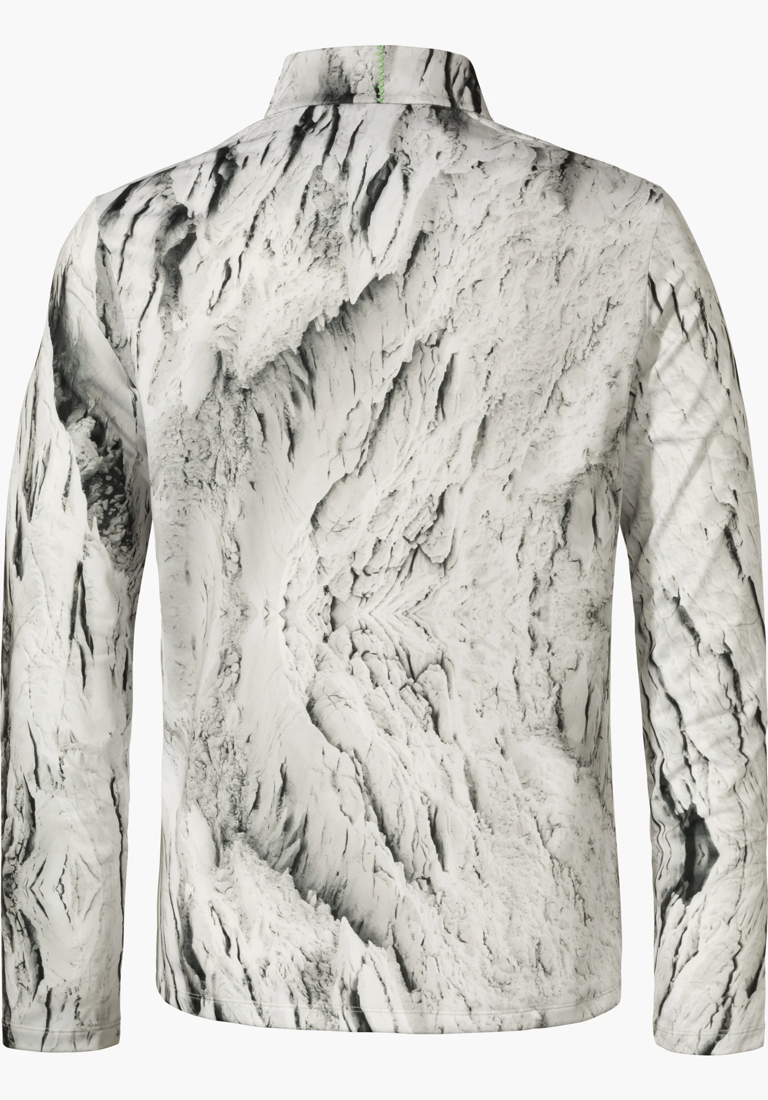 Schöffel x Tom Hegen LS MNS T-shirt manches longues, vue de dos; motif photoréaliste blanc clair avec structures gris foncé, couture de nuque verte discrète, sur fond blanc.
