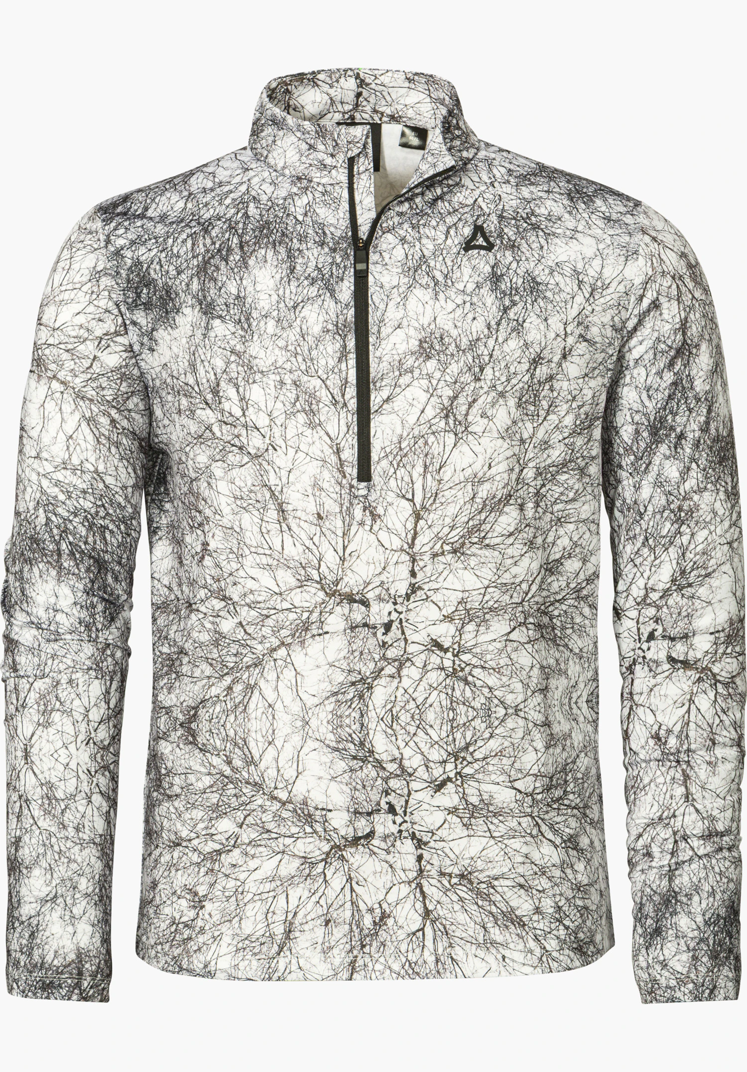 Schöffel X Tom Hegen LS MNS Longsleeve in der Farbe natur mit einem auffälligen Allover-Print, Stehkragen, kurzem Front-Reißverschluss und dem schwarzen Schöffel-Logo auf der Brust freigestellt vor weißem Hintergrund.