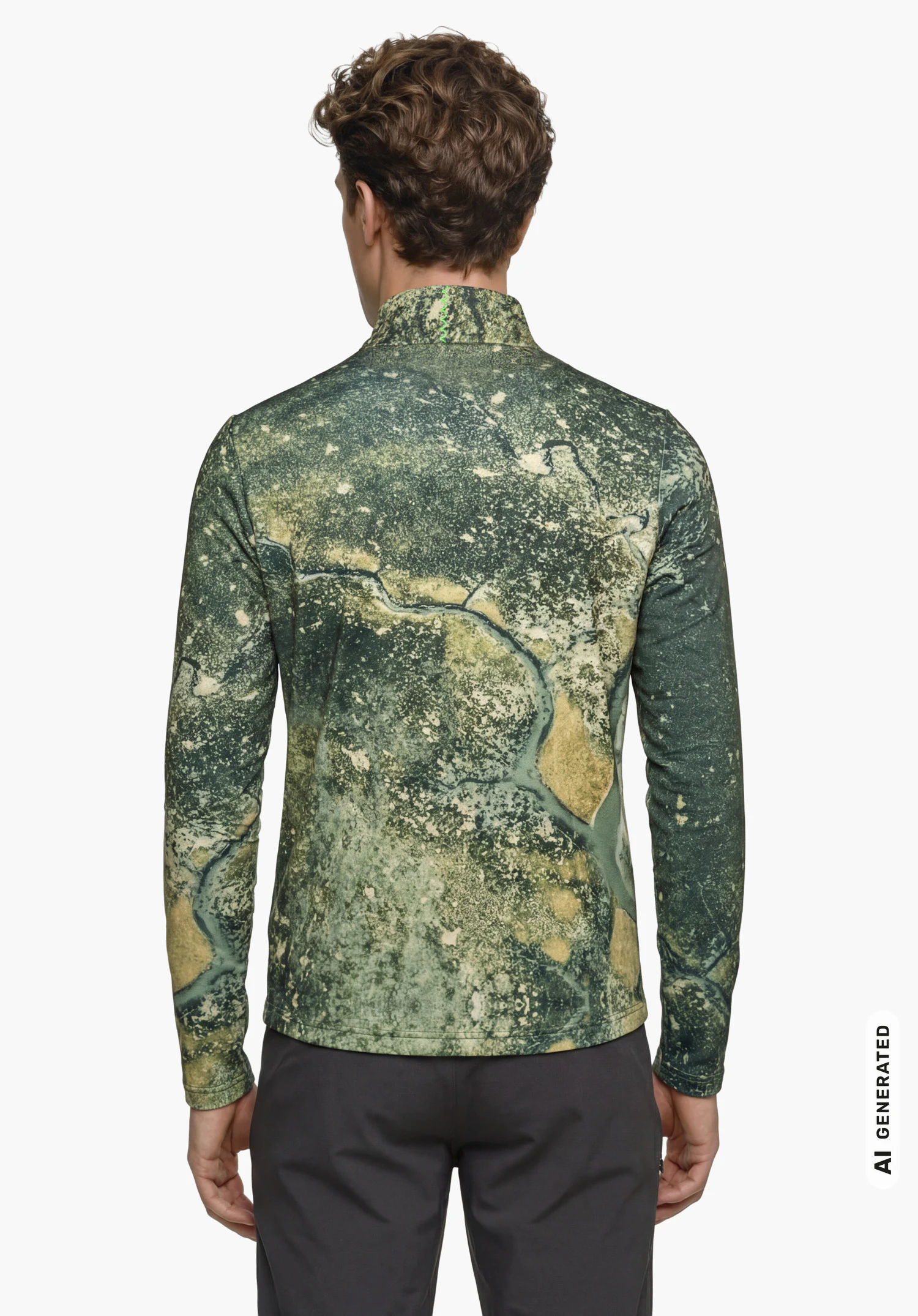Schöffel X Tom Hegen LS MNS in green, worn by a male model standing upright and shown from the back with arms hanging down against a white background. (AI-generated)