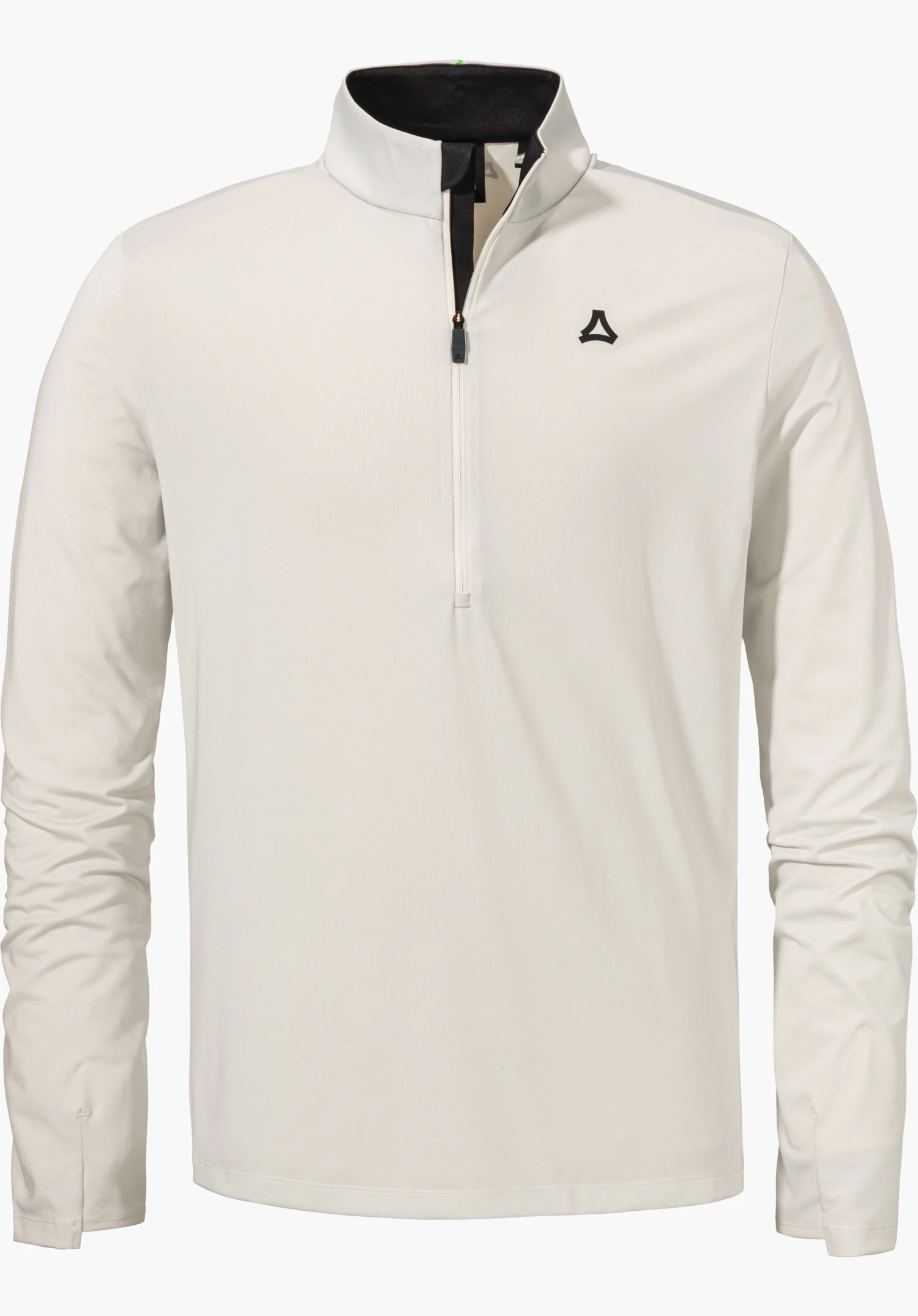 Longsleeve Style Pine MNS t-shirt manches longues blanc avec demi-fermeture éclair, doublure intérieure du col noire; petit logo Schöffel noir sur la poitrine gauche; présenté à plat sur fond blanc neutre.