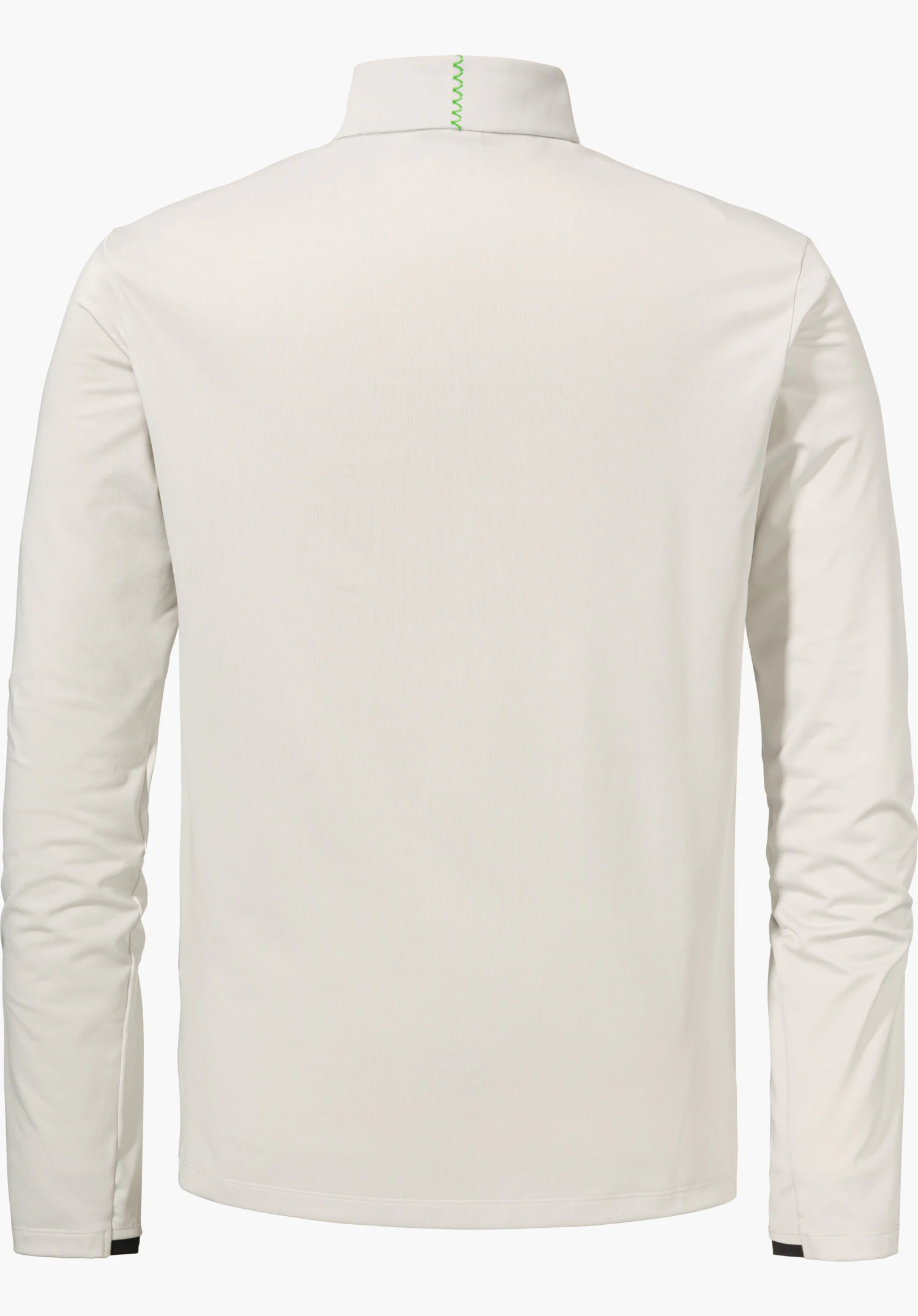 Longsleeve Style Pine MNS T-shirt manches longues blanc, vue de dos; à plat sur fond clair neutre, manches longues lisses, couture zigzag vert clair centrée au col.