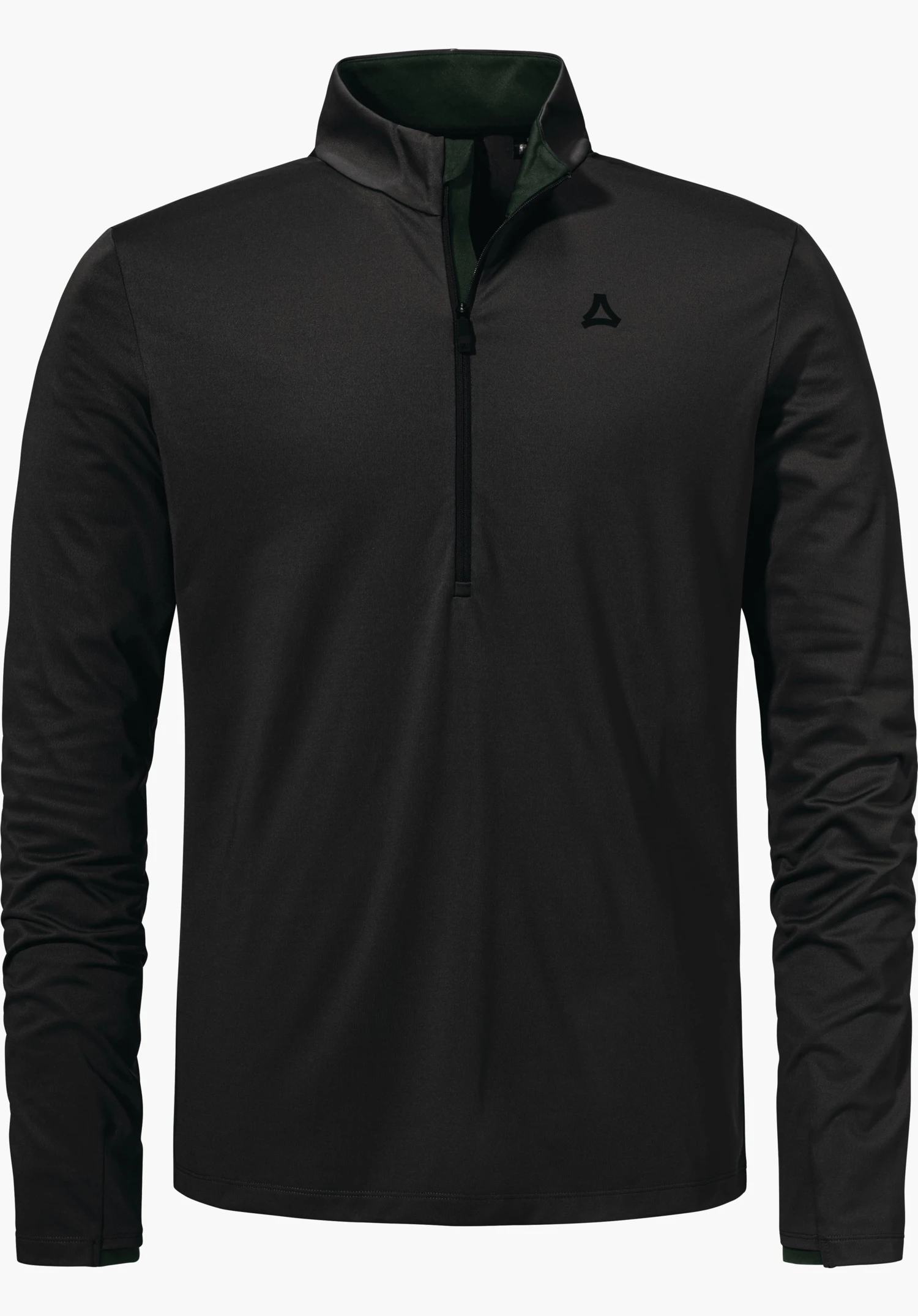 Longsleeve Style Pine MNS Schwarzes Langarm-Pullover mit halbem Reißverschluss, innerer Kragen in dunkelgrün; Schöffel-Logo auf der Brust; frontal auf weißem Hintergrund präsentiert.