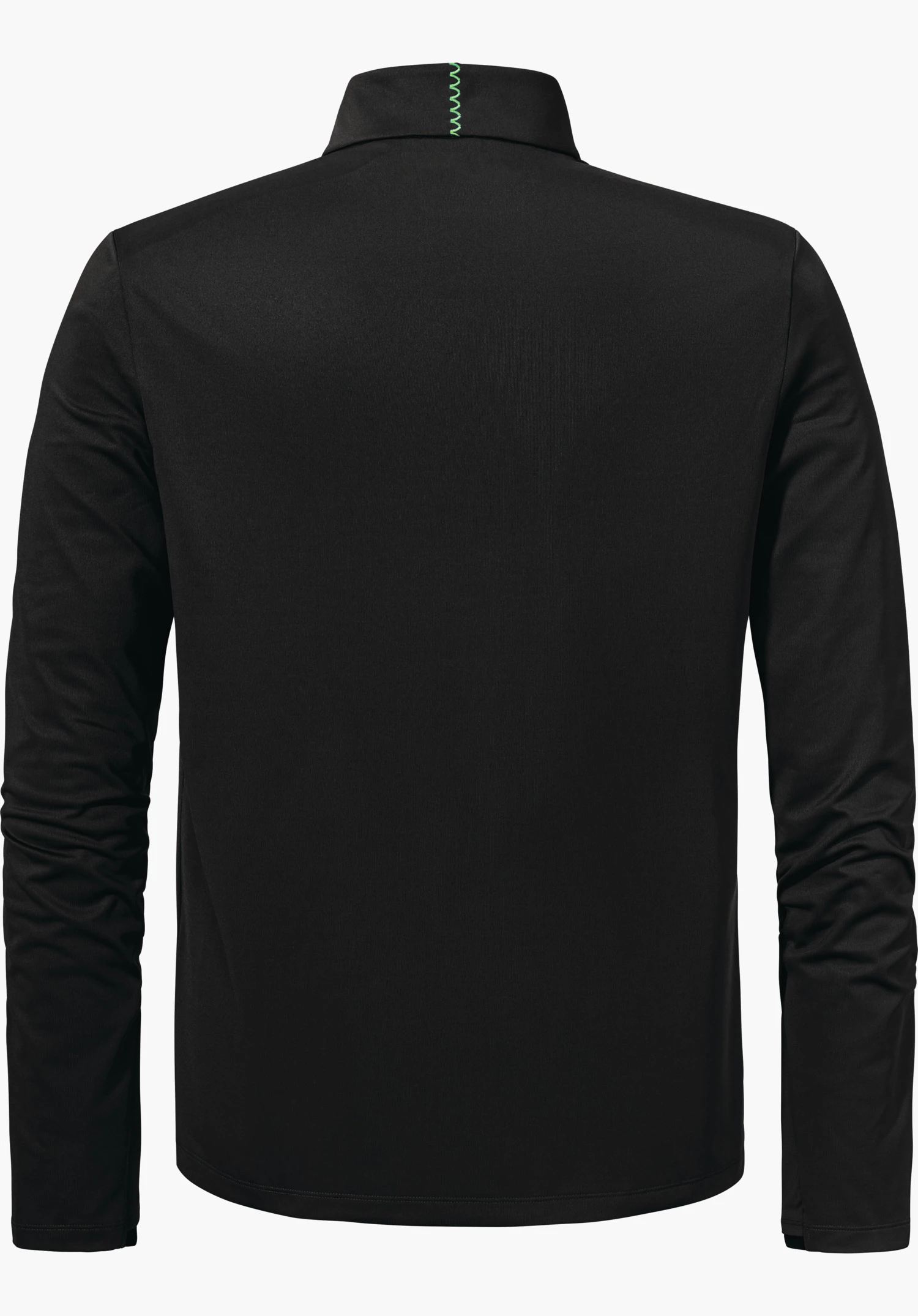 Longsleeve Style Pine MNS schwarzes Langarmoberteil, Rückenansicht, gerade geschnittener Kragen mit hellgrüner Zickzacknaht; liegt flach vor weißem Hintergrund, glatte minimalistische Oberfläche.