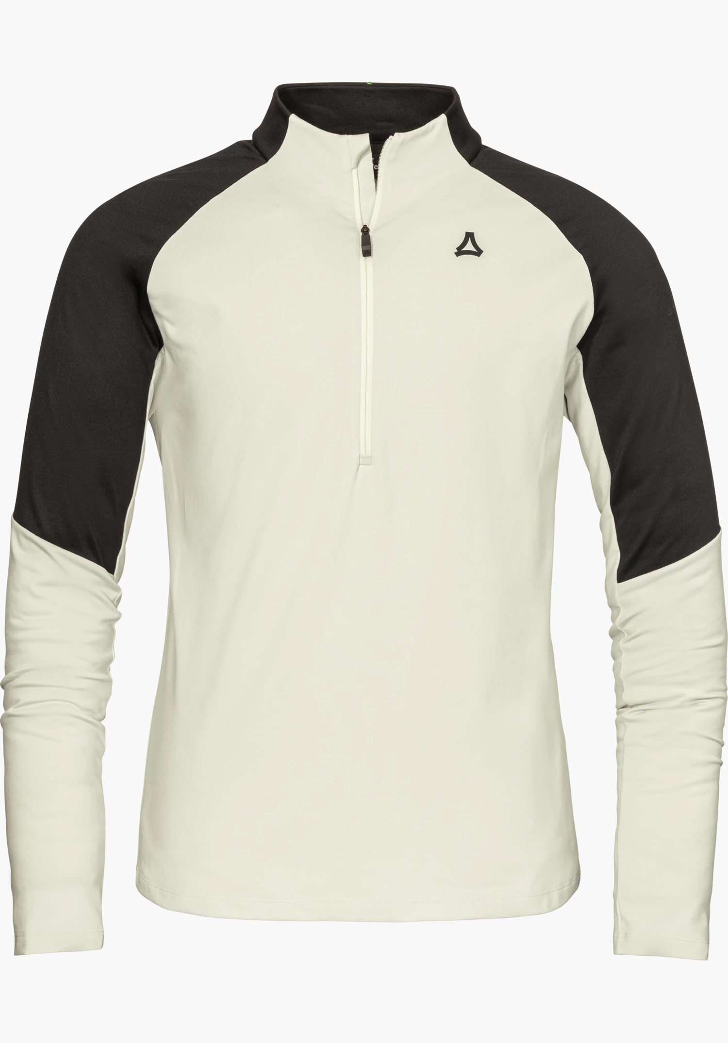 Longsleeve Style Safoon MNS in der Farbe natur mit kurzen Reißverschluss, kontrastierenden schwarzen Ärmeln und Schultern sowie einem Schöffel-Logo auf der Brust freigestellt vor weißem Hintergrund.