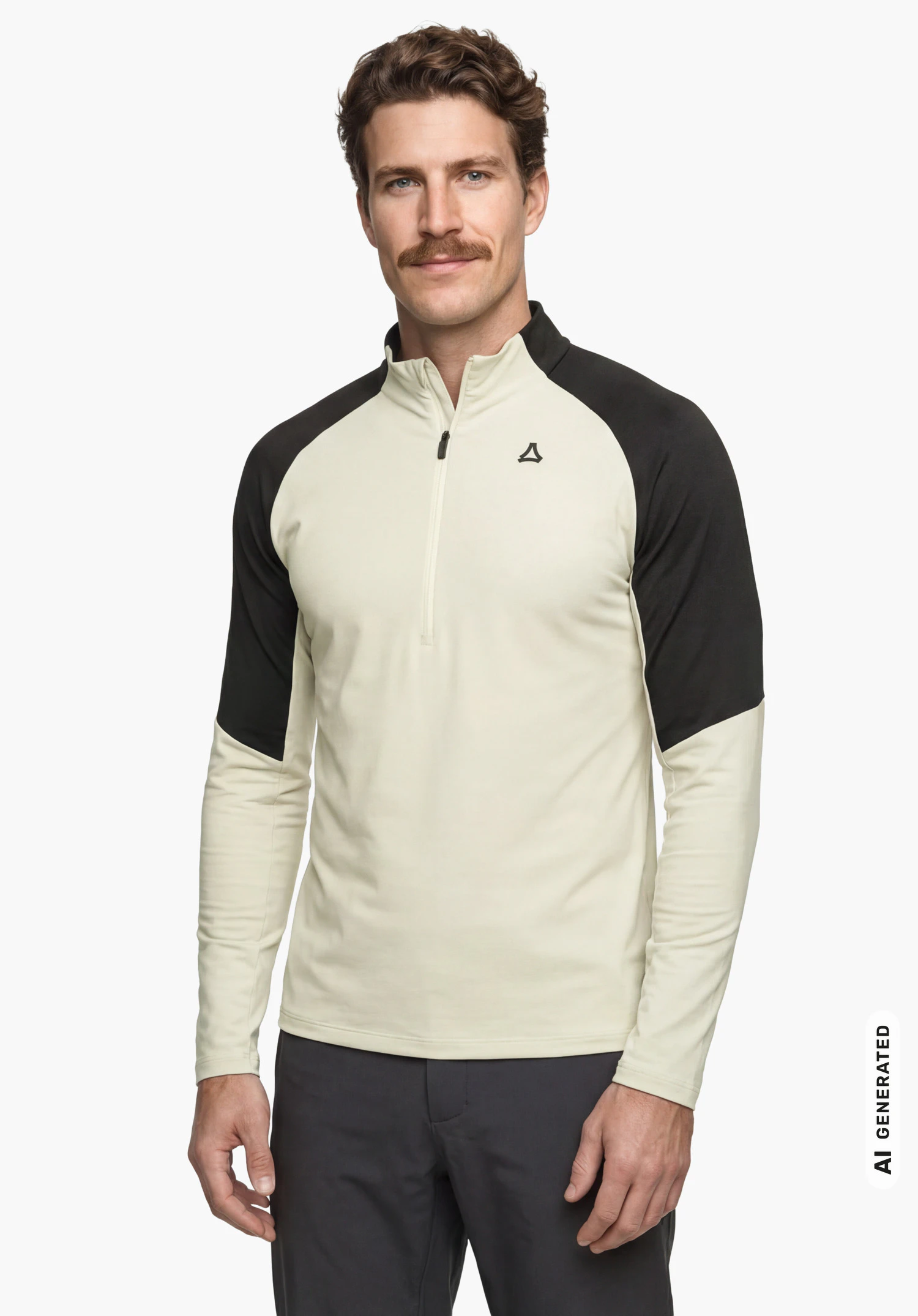 Longsleeve Style Safoon MNS in natur mit schwarzem Schöffel-Logo auf der Brust, getragen von einem männlichen Model im aufrechten Stand in Frontansicht vor weißem Hintergrund. (KI-generiert)