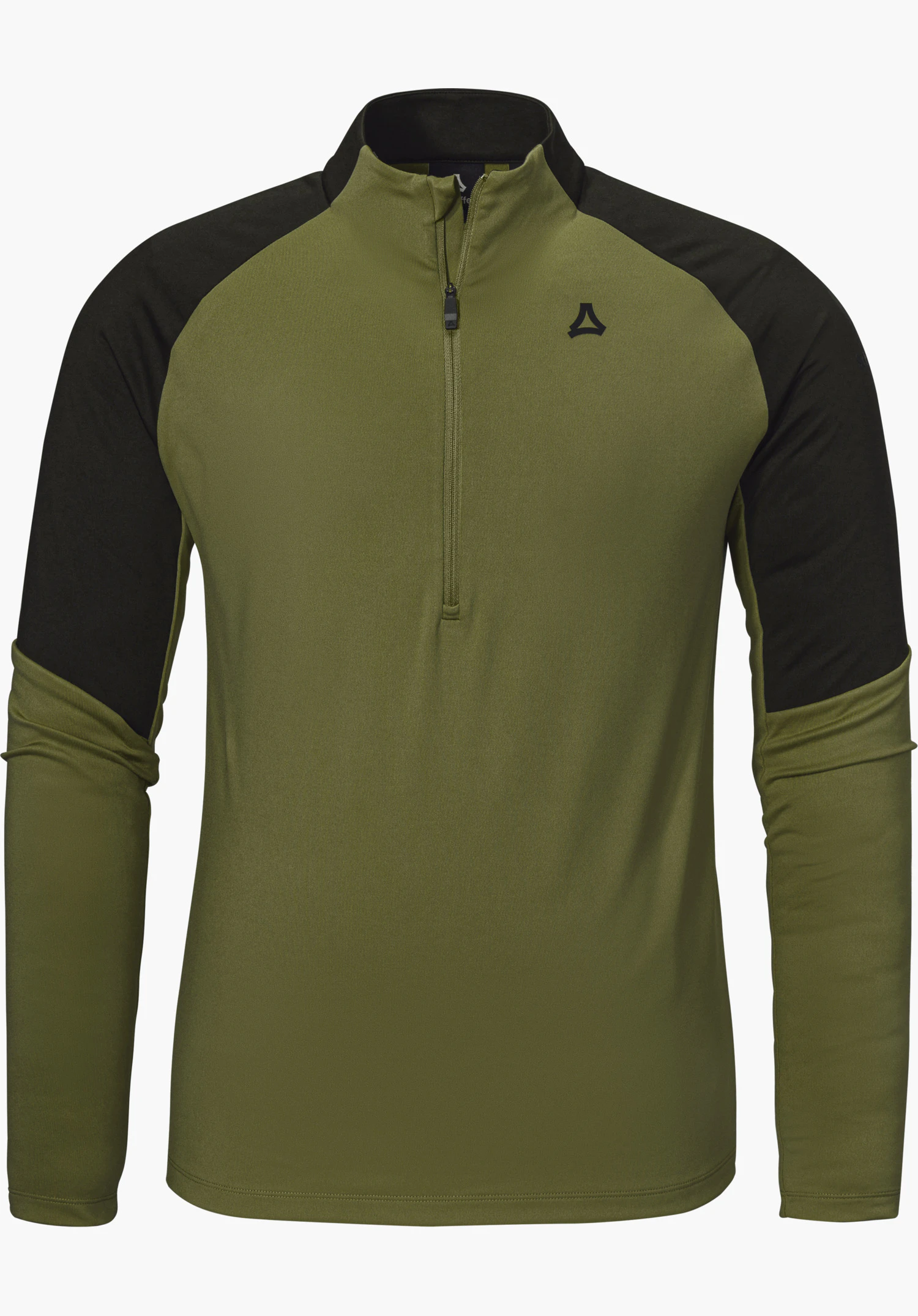 Longsleeve Style Safoon MNS in Grün mit Stehkragen, kurzem Frontreißverschluss und schwarzem Schöffel-Logo in Frontansicht, freigestellt vor weißem Hintergrund.