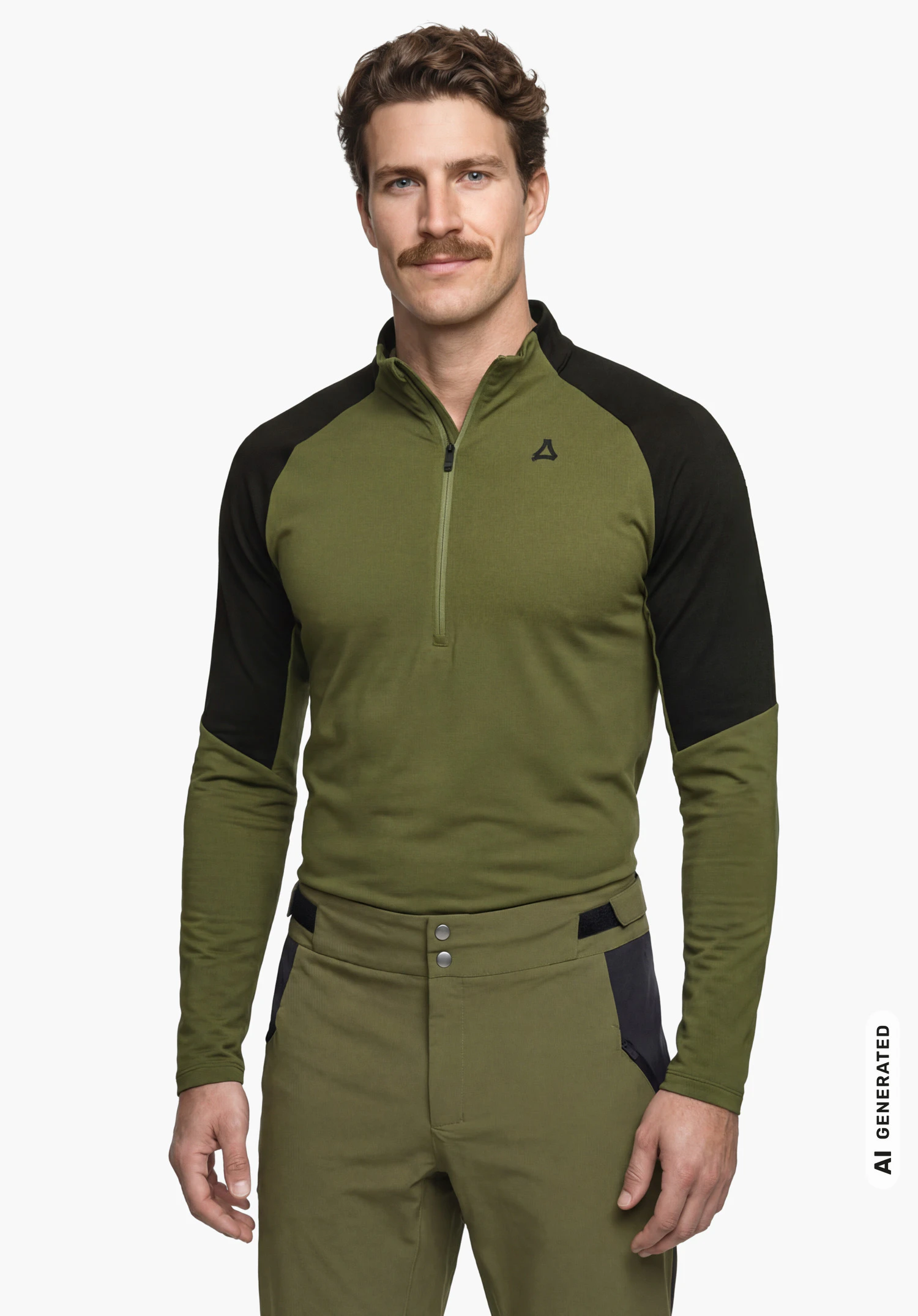 Longsleeve Style Safoon MNS in grün mit Schöffel-Logo, getragen von einem männlichen Model im aufrechten Stand in Frontansicht mit herabhängenden Armen vor weißem Hintergrund. (KI-generiert)