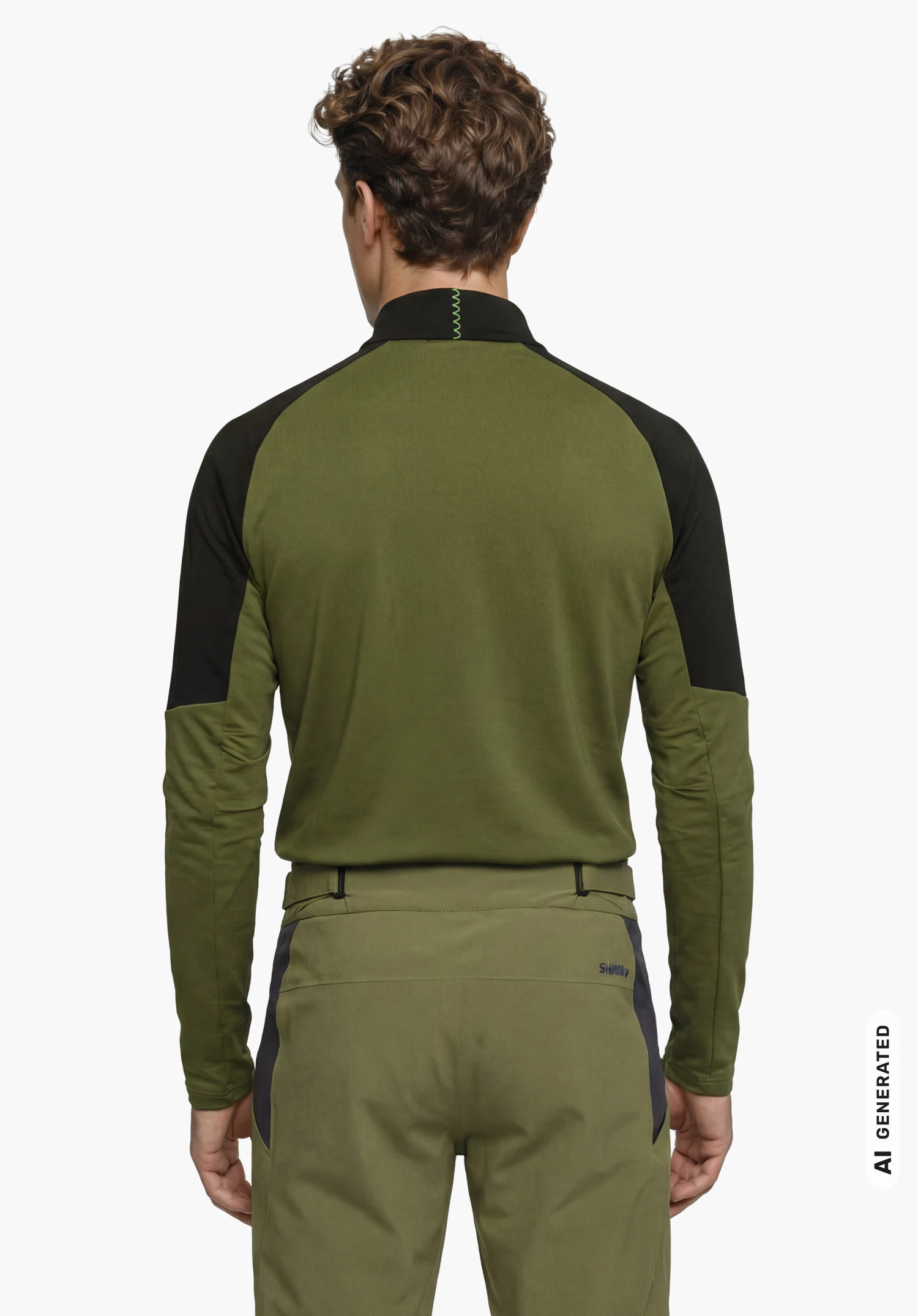 Longsleeve Style Safoon MNS in green, worn by a male model standing upright and shown from the back with arms hanging down against a white background. (AI-generated)
