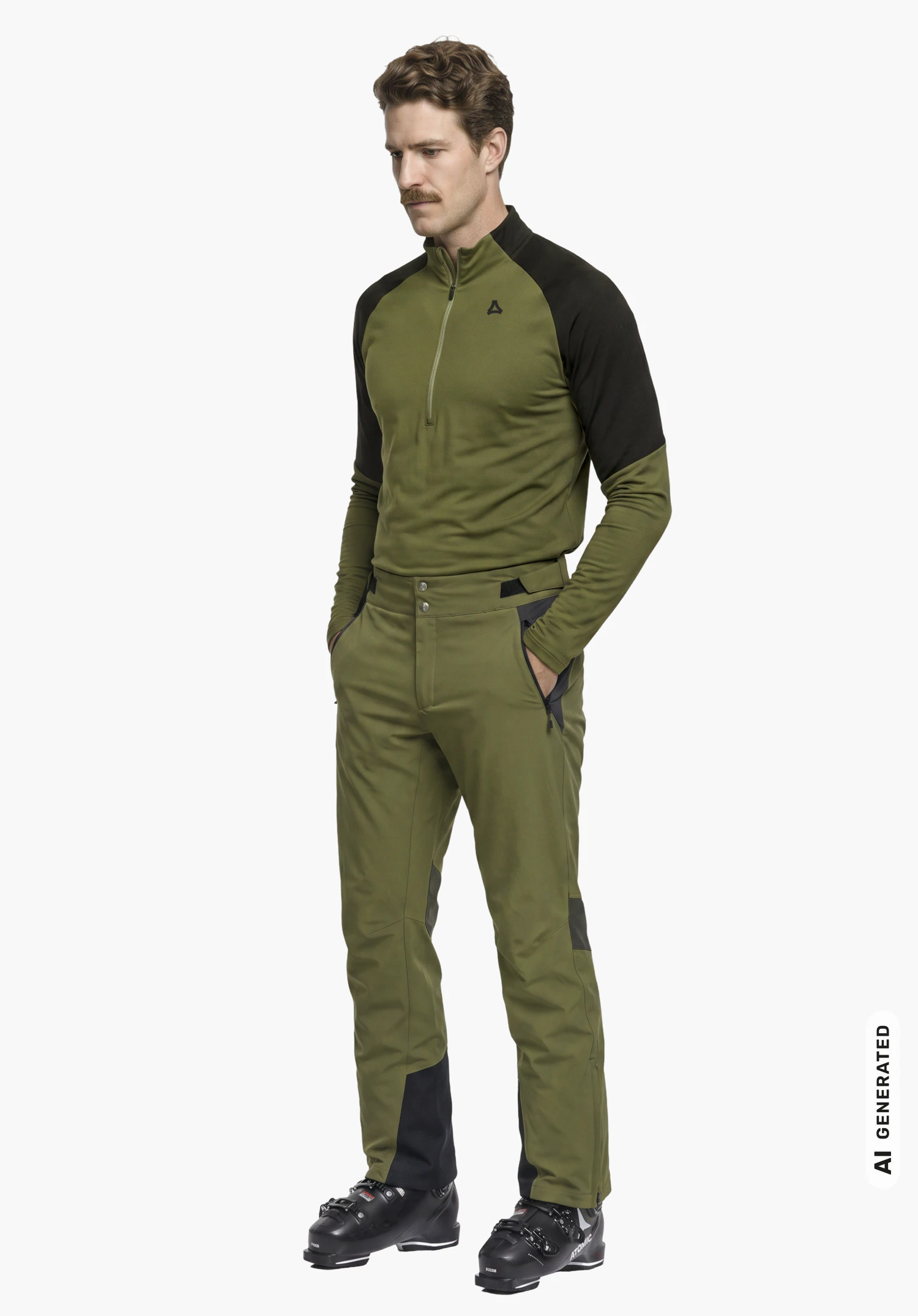 Longsleeve Style Safoon MNS in green, featuring the Schöffel logo on the chest, worn by a male model standing upright in a side view with hands in trouser pockets against a white background. (AI-generated)