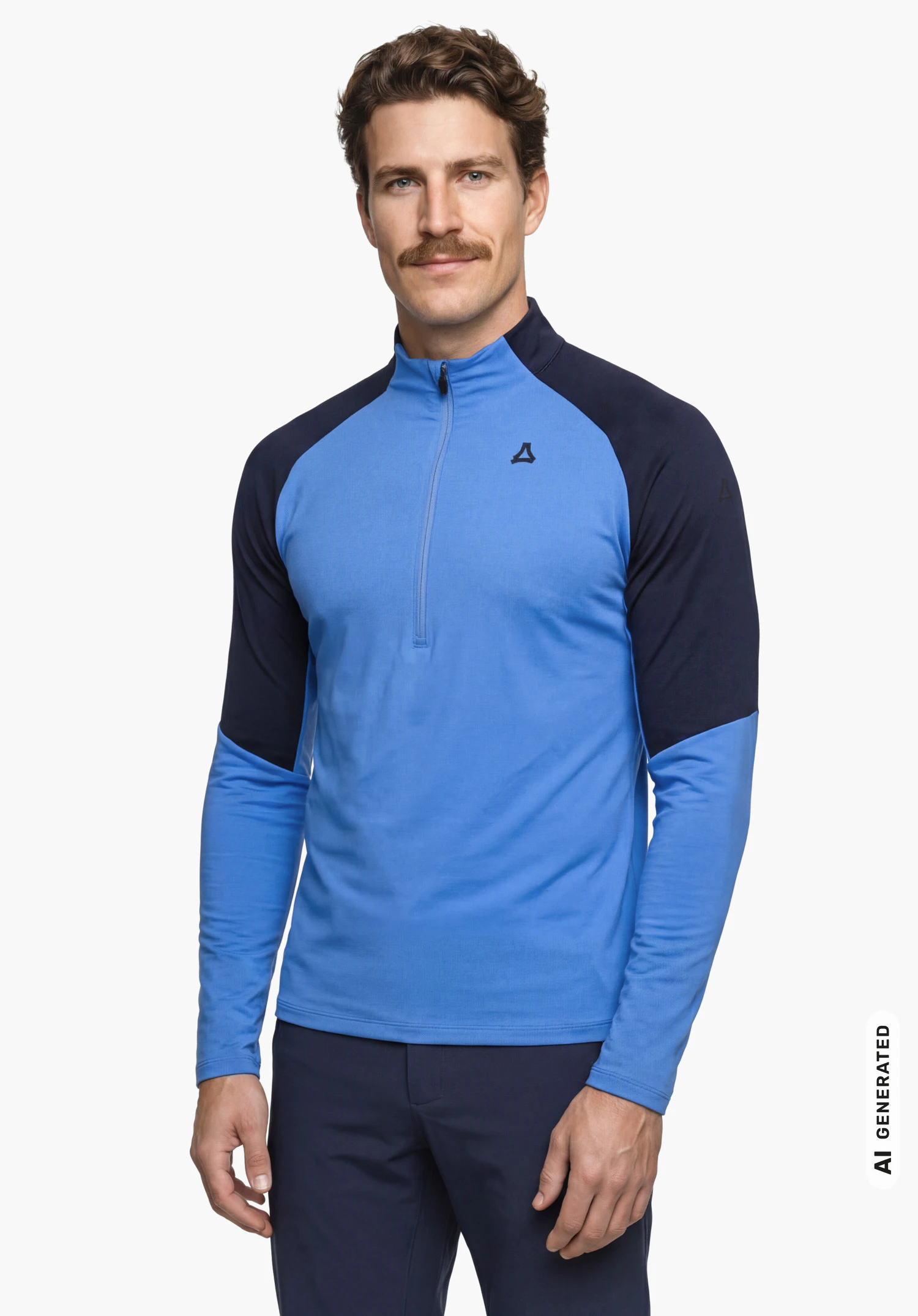 Longsleeve Style Safoon MNS in blau mit Schöffel-Logo, getragen von einem männlichen Model in Frontansicht mit aufrechtem Stand und herabhängenden Armen vor weißem Hintergrund. (KI-generiert)