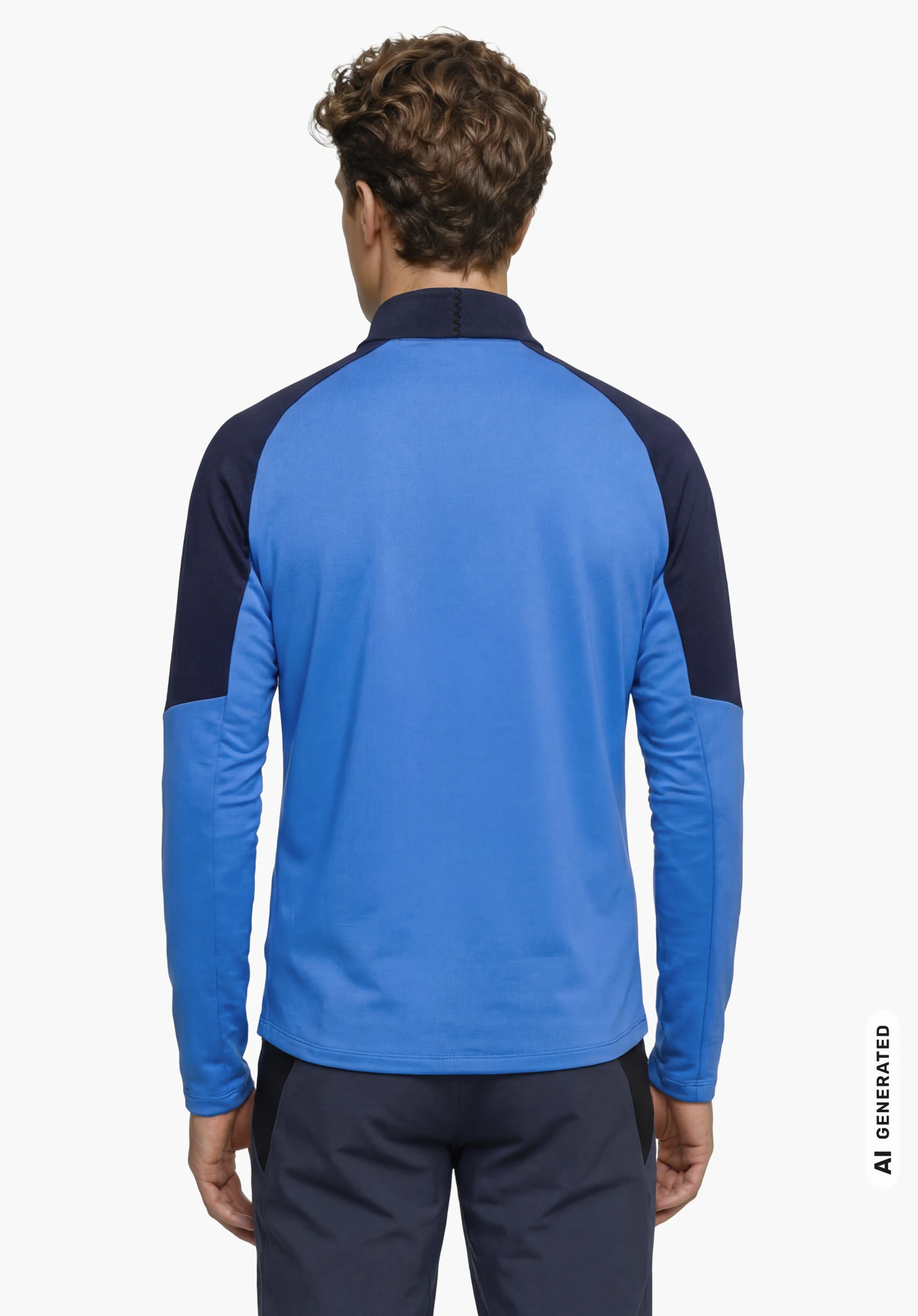 Longsleeve Style Safoon MNS in blue, worn by a male model standing upright and shown from the back with arms hanging down against a white background. (AI-generated)