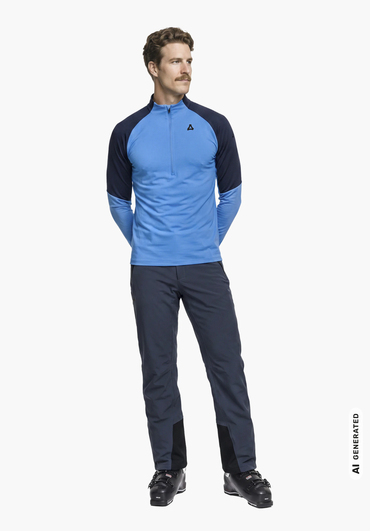 Longsleeve Style Safoon MNS in blue with Schöffel logo, worn by a male model in a three-quarter side view standing upright with hands clasped behind his back against a white background. (AI-generated)