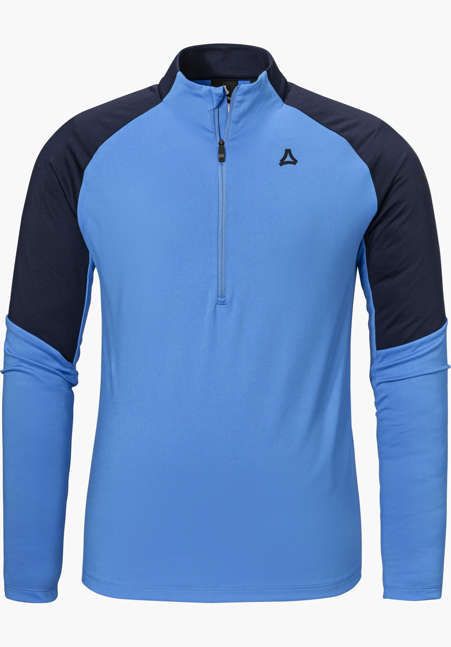 Longsleeve Style Safoon MNS in blue with stand-up collar, short front zipper, dark shoulder panels and printed Schöffel logo, isolated on a white background.