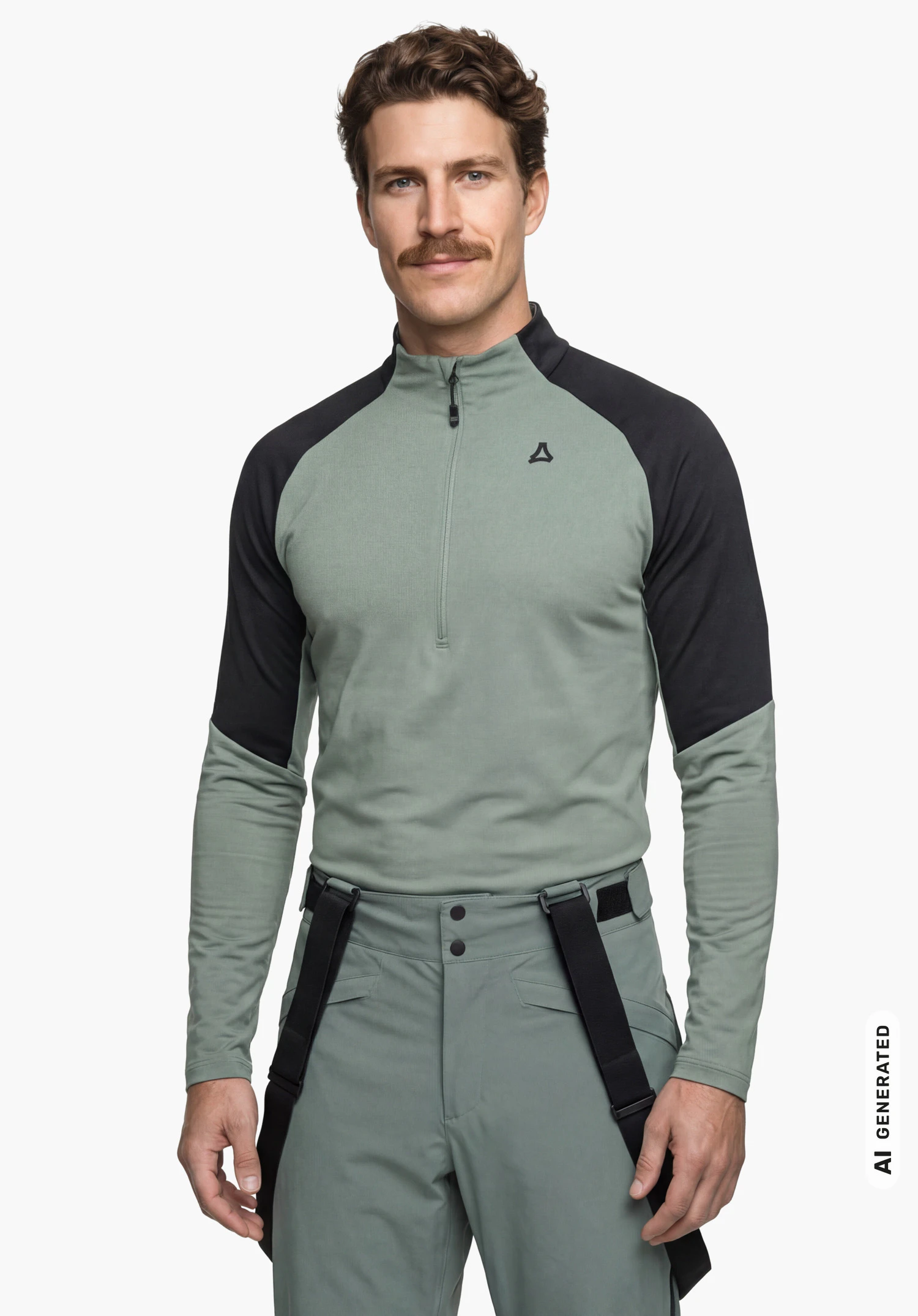 Longsleeve Style Safoon MNS in grau, mit Schöffel-Logo auf der Brust, getragen von einem männlichen Model im aufrechten Stand in Frontansicht mit herabhängenden Armen vor weißem Hintergrund. (KI-generiert)
