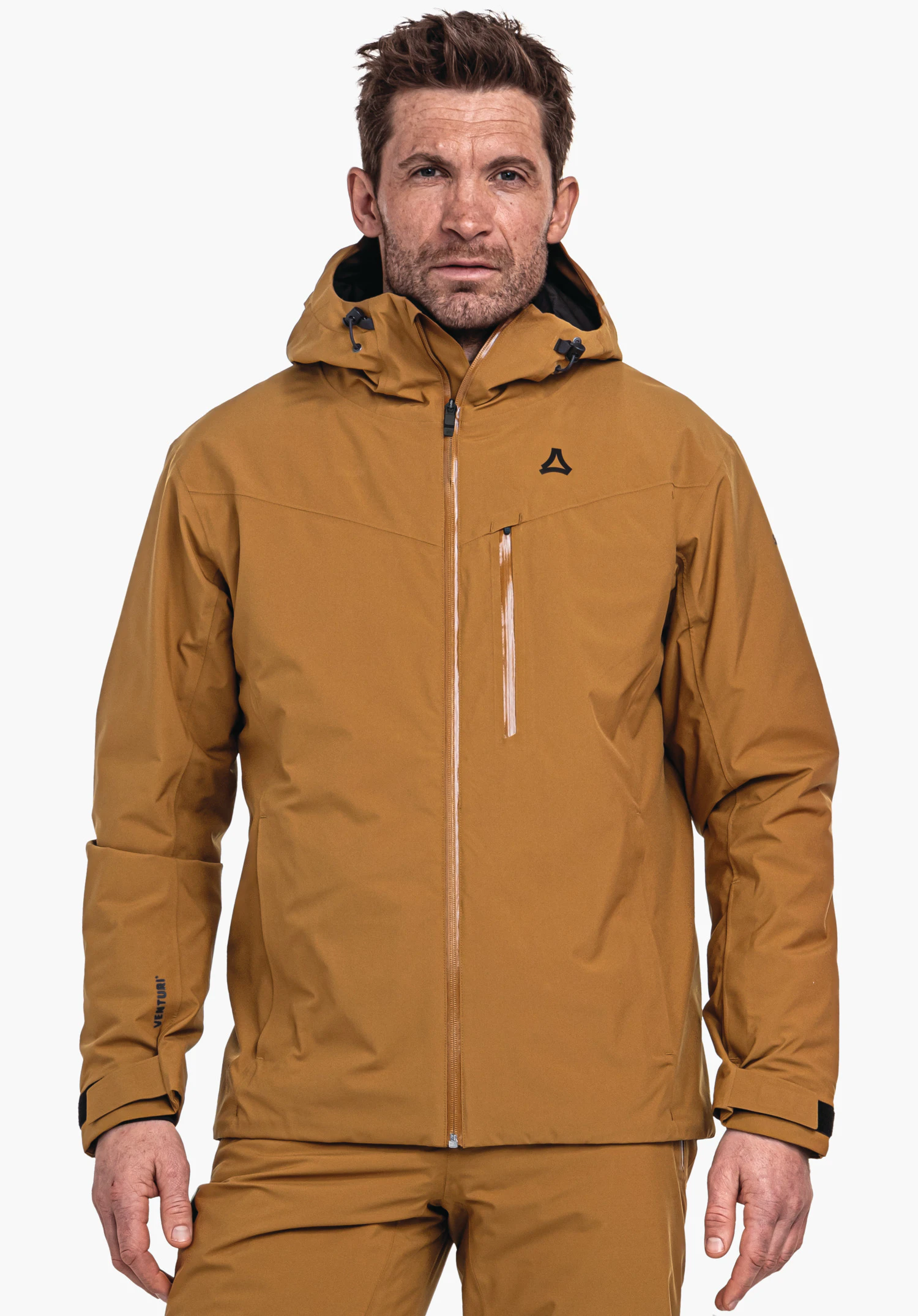 Jacket Style Nollen MNS donkeroranje jas met Schöffel-logo, frontaal gedragen door een man met capuchon; witte achtergrond. Tekst op de mouw: VENTURI.