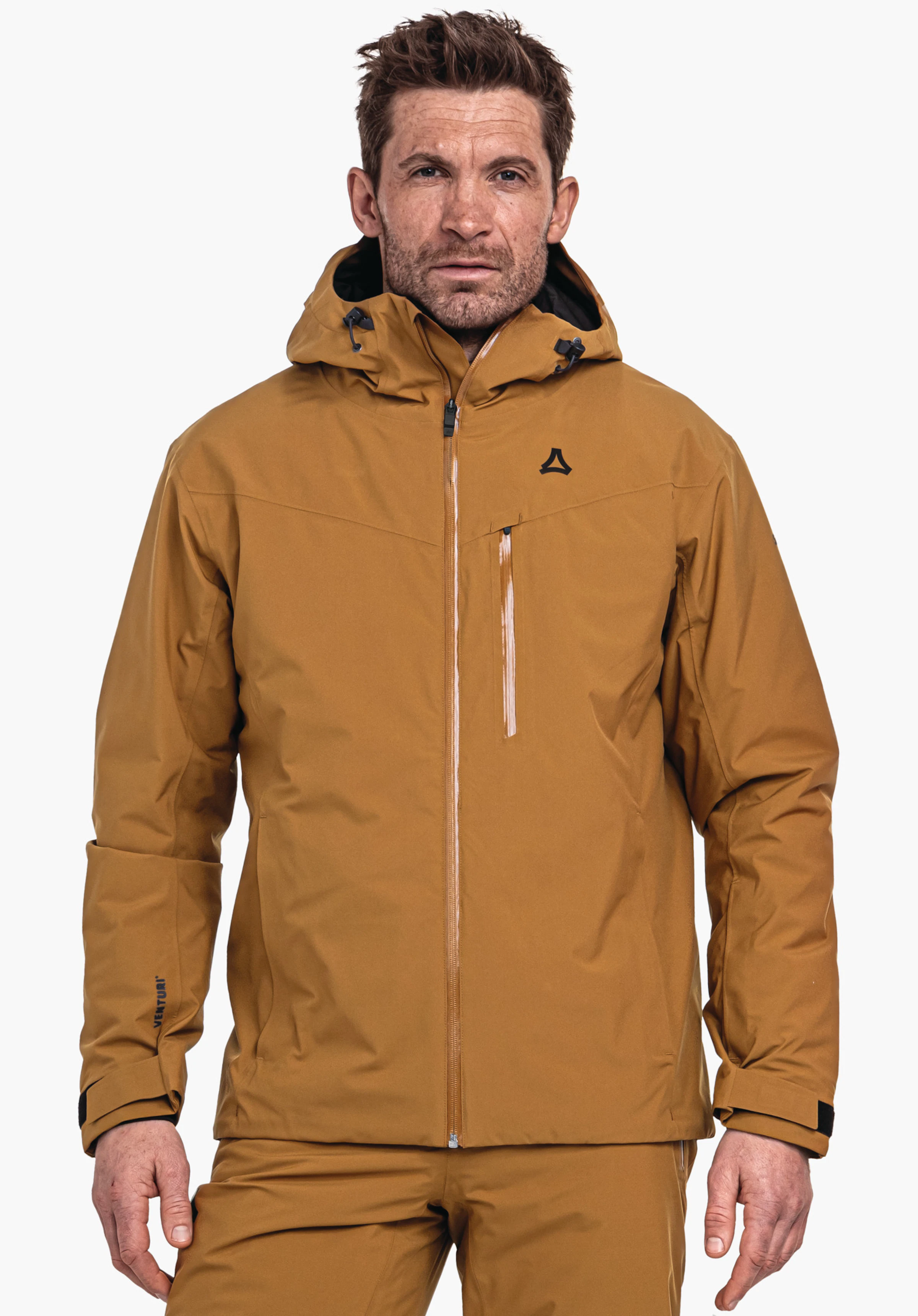 Jacket Style Nollen MNS donkeroranje jas met Schöffel-logo, frontaal gedragen door een man met capuchon; witte achtergrond. Tekst op de mouw: VENTURI.