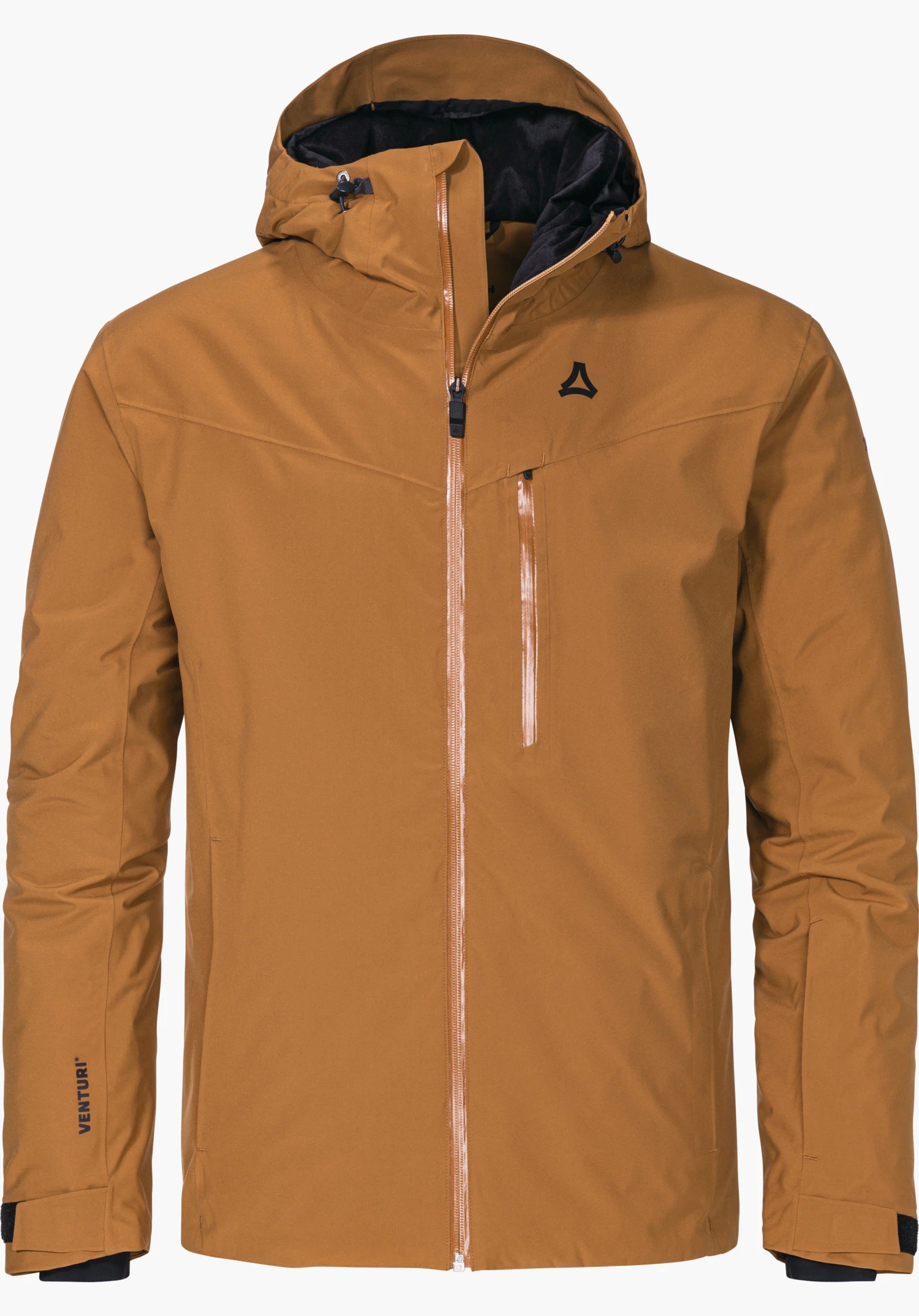 Jacket Style Nollen MNS Lichtbruine jas met capuchon en gesloten rits; Schöffel-logo op de borst, zwarte binnenvoering, opschrift “VENTURI.” op de mouw; tegen neutrale witte achtergrond.