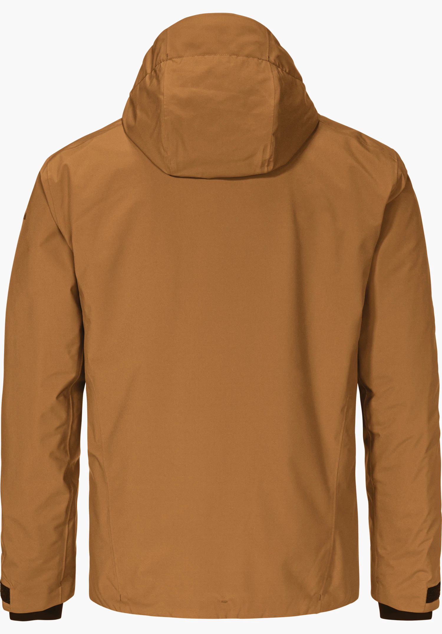 Jacket Style Nollen MNS Lichtbruine jas, achteraanzicht met capuchon; mouwen hangen los, glad oppervlak; neutrale achtergrond.