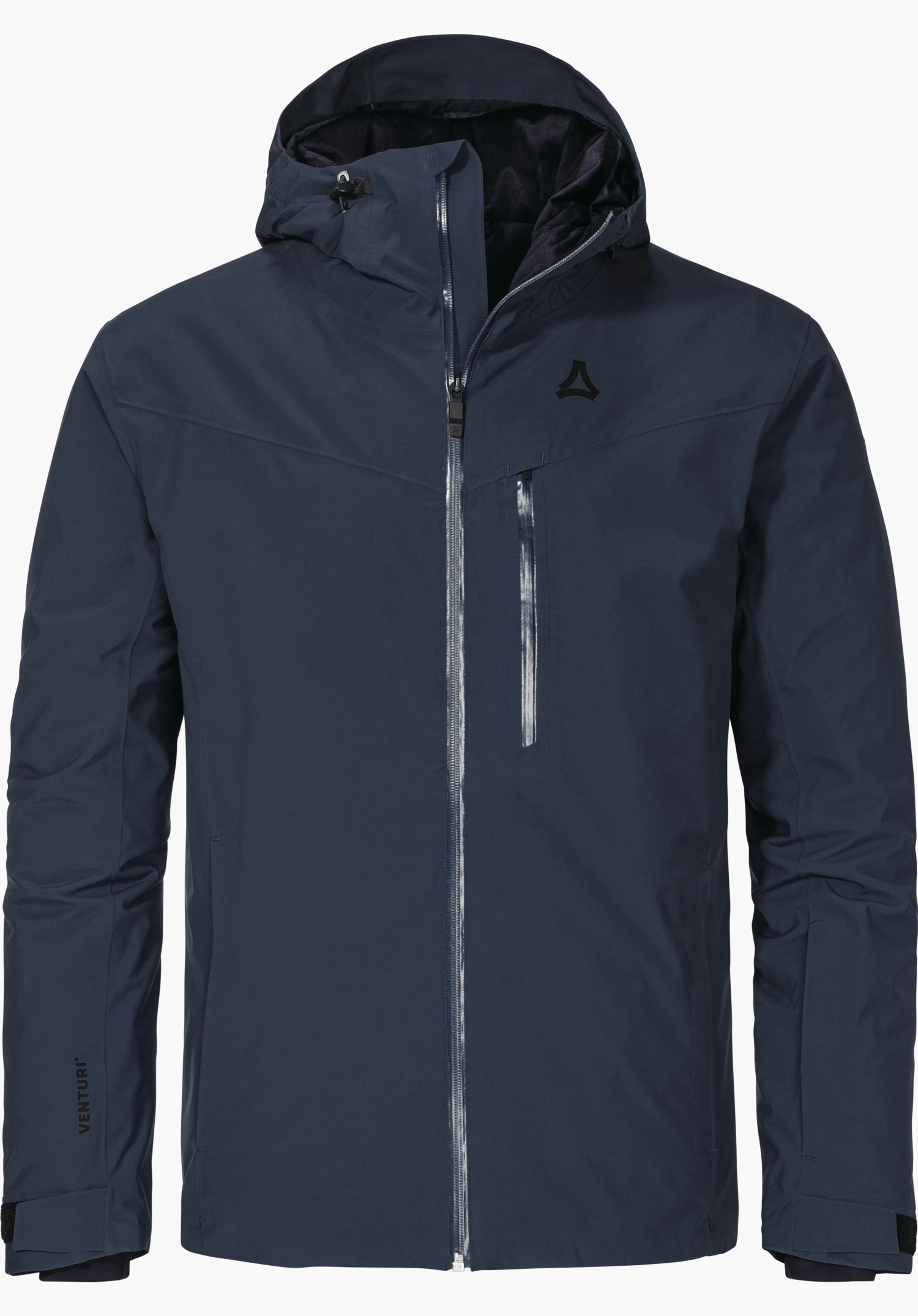 Jacket Style Nollen MNS veste bleu foncé, position frontale, fermeture éclair fermée, capuche et logo Schöffel sur la poitrine; inscription sur la manche gauche: « VENTURI »; détourée sur fond blanc.