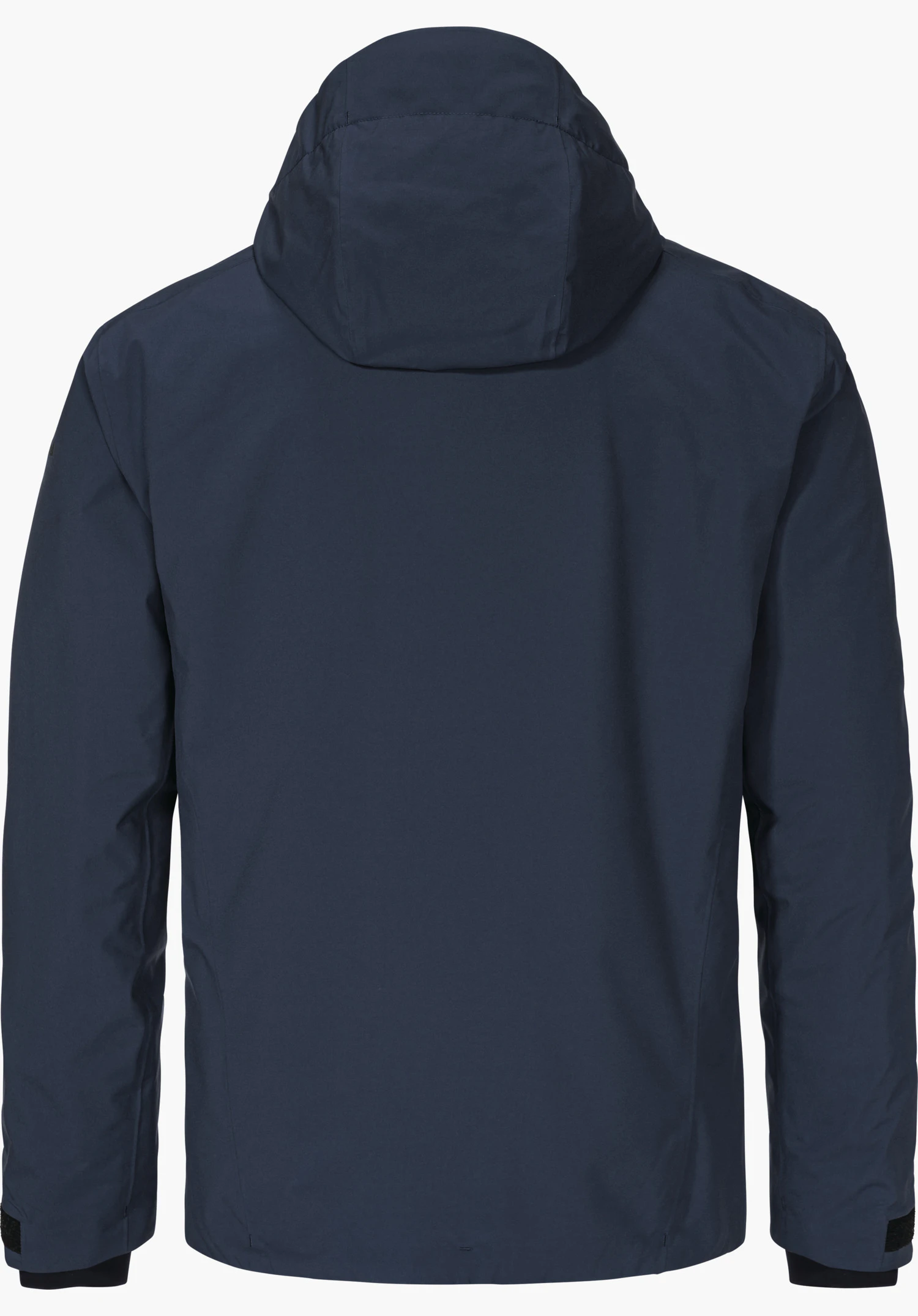 Jacket Style Nollen MNS veste outdoor bleu foncé, vue arrière; capuche dressée, manches longues avec poignets réglables; fond studio blanc.
