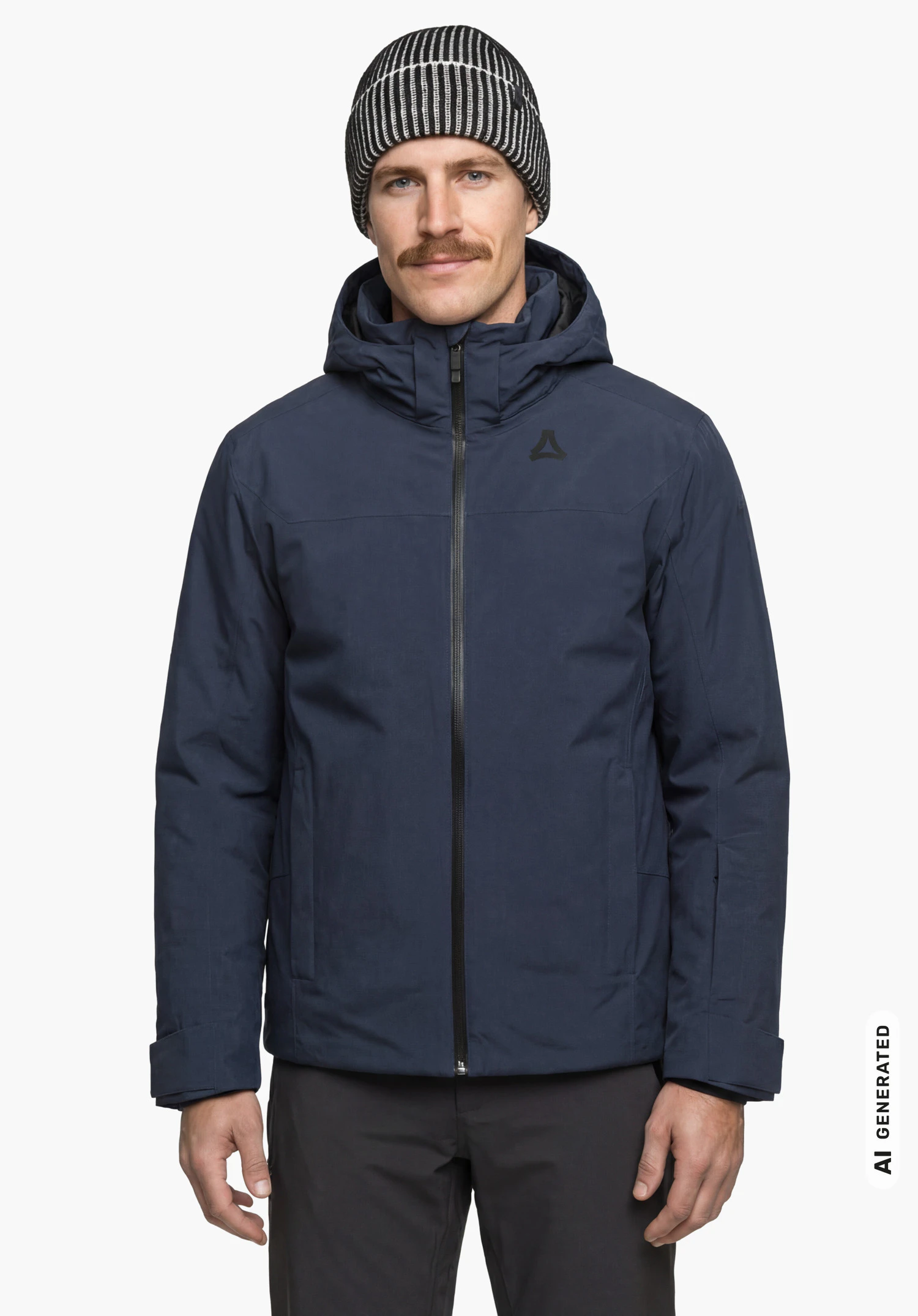 Jacket Style Zandwel MNS in blue with Schöffel logo, worn by a male model standing upright and shown from the front with the hood and zipper closed against a white background. (AI-generated)