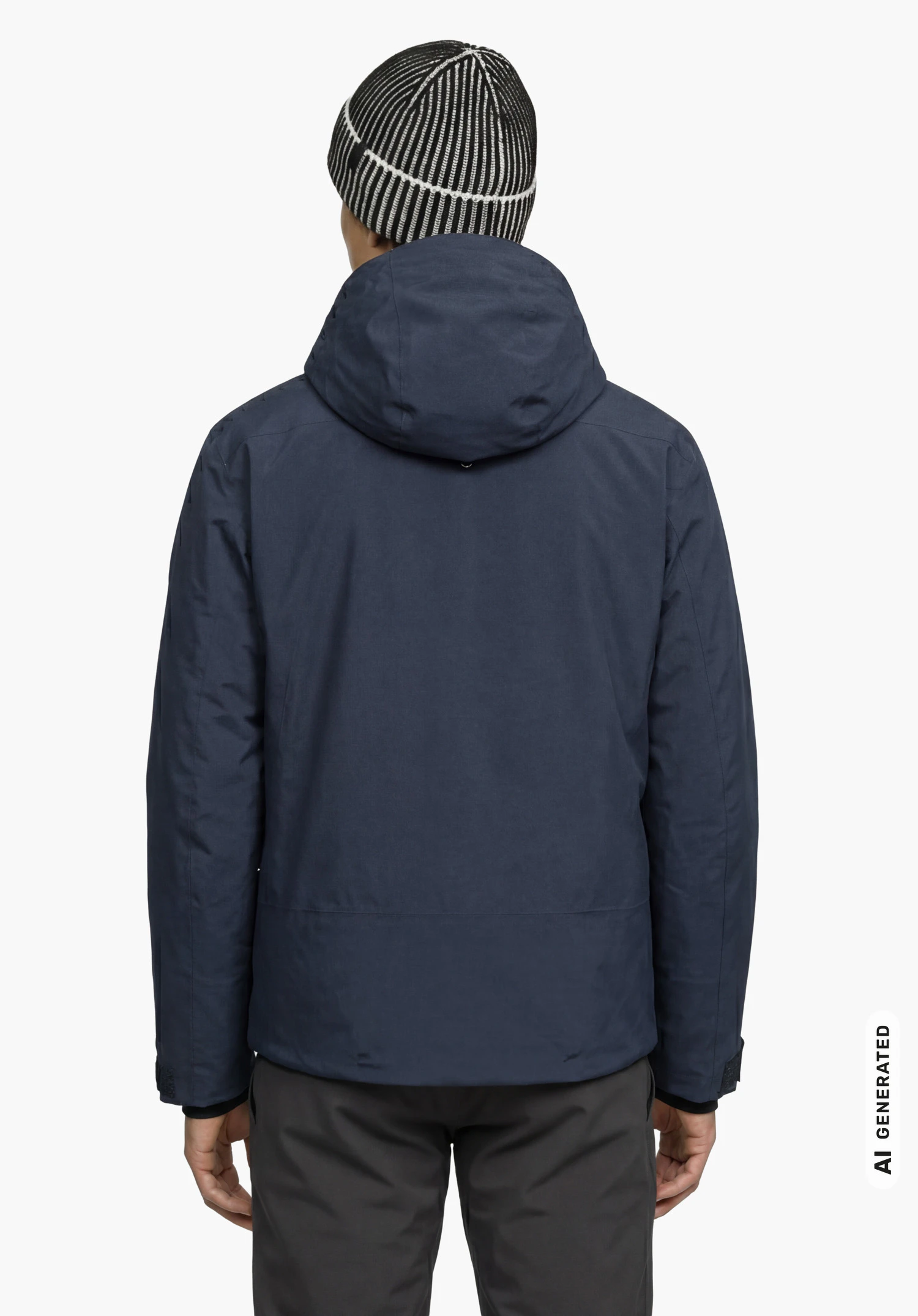 Jacket Style Zandwel MNS in blue, worn by a male model standing upright and shown from the back with the hood closed against a white background. (AI-generated)