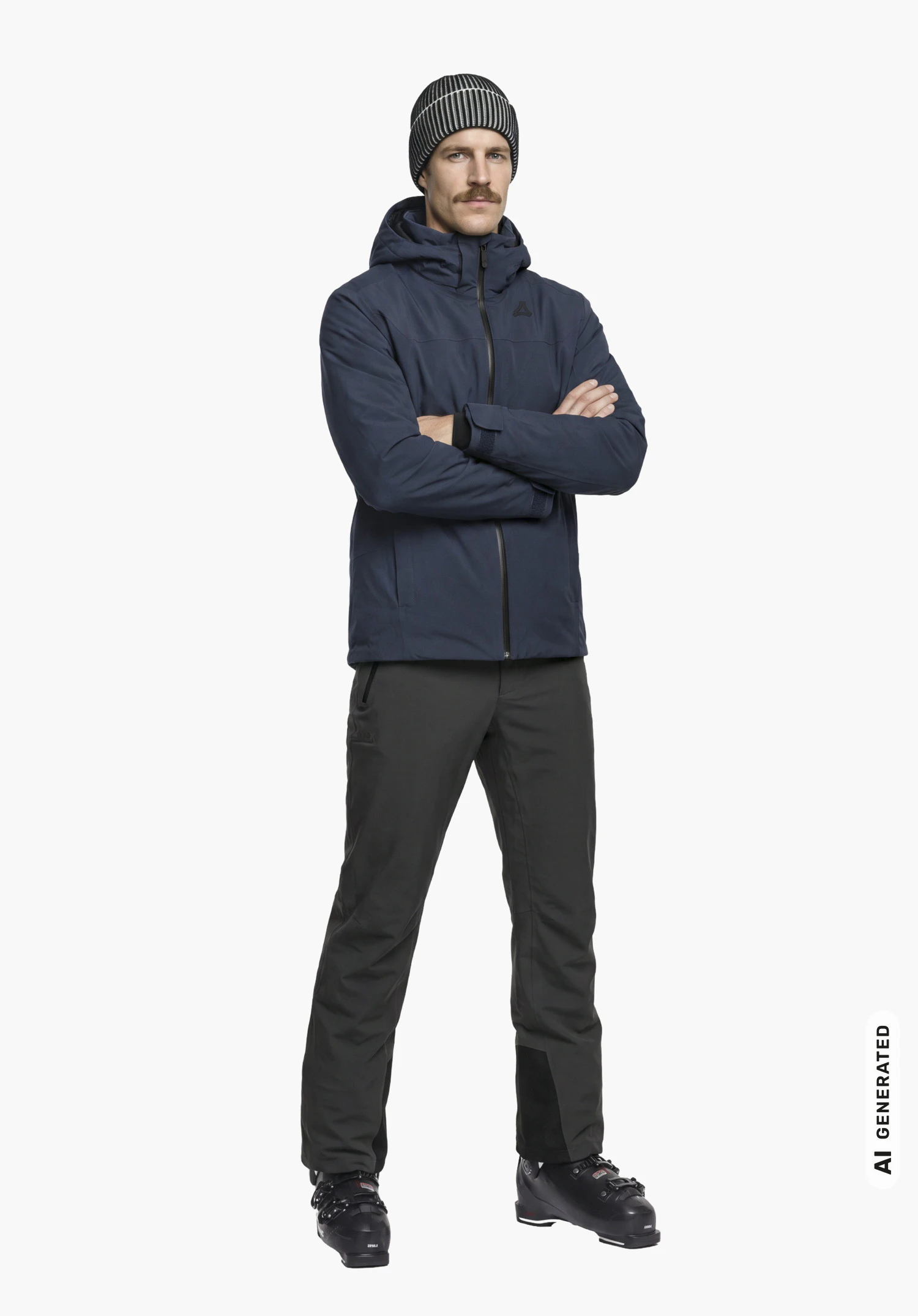 Jacket Style Zandwel MNS in blue with Schöffel logo, worn by a male model with crossed arms in a slight profile view against a white background. (AI-generated)