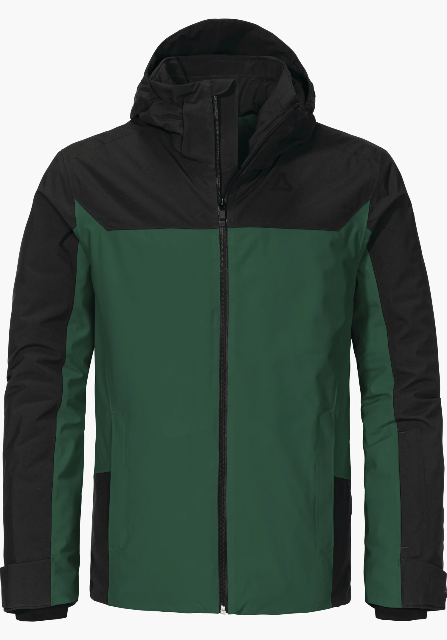 Jacket Style Zandwel MNS dark green and black outdoor jacket, front view, zip closed; Schöffel logo on left chest; neutral white background.