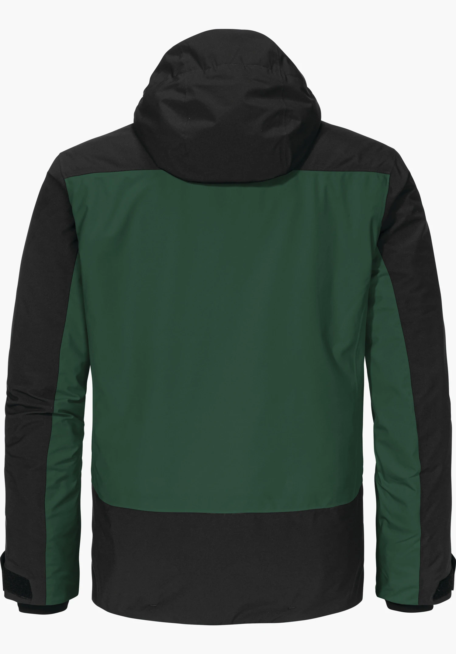 Jacket Style Zandwel MNS jacket, rear view, dark green back panel, black hood, shoulders, outer sleeves and hem; straight cut, Velcro fastenings at the cuffs, white background.