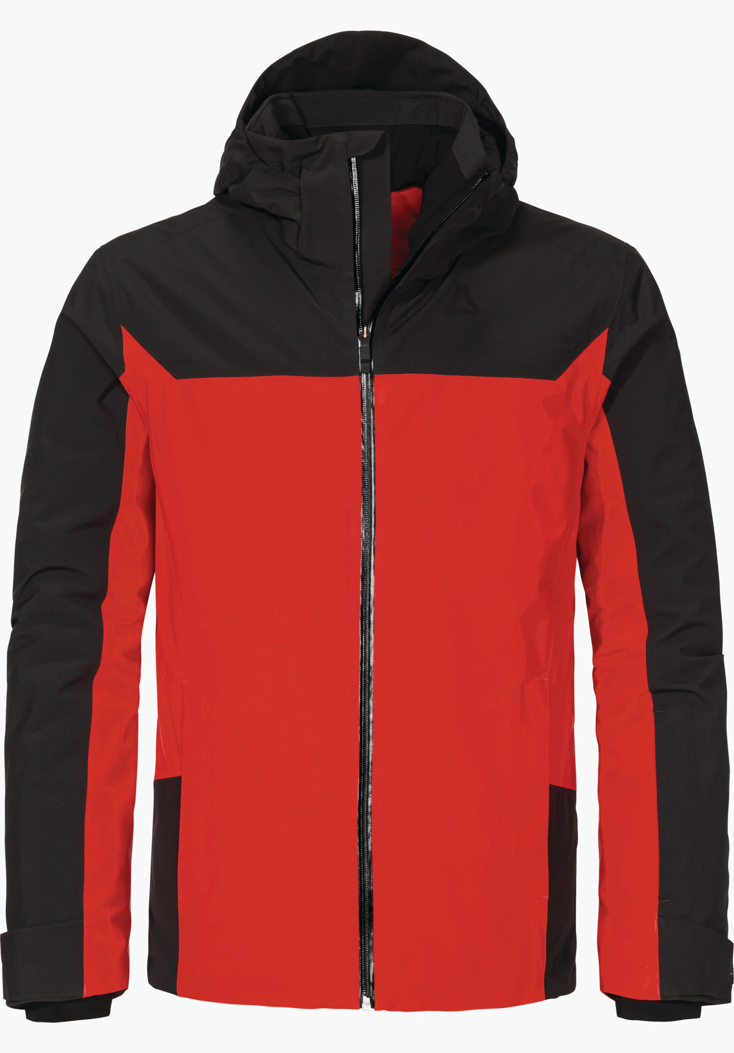 Jacket Style Zandwel MNS veste fonctionnelle rouge et noire, fermeture éclair fermée, capuche relevée, logo Schöffel sur la poitrine, vue de face sur fond blanc.