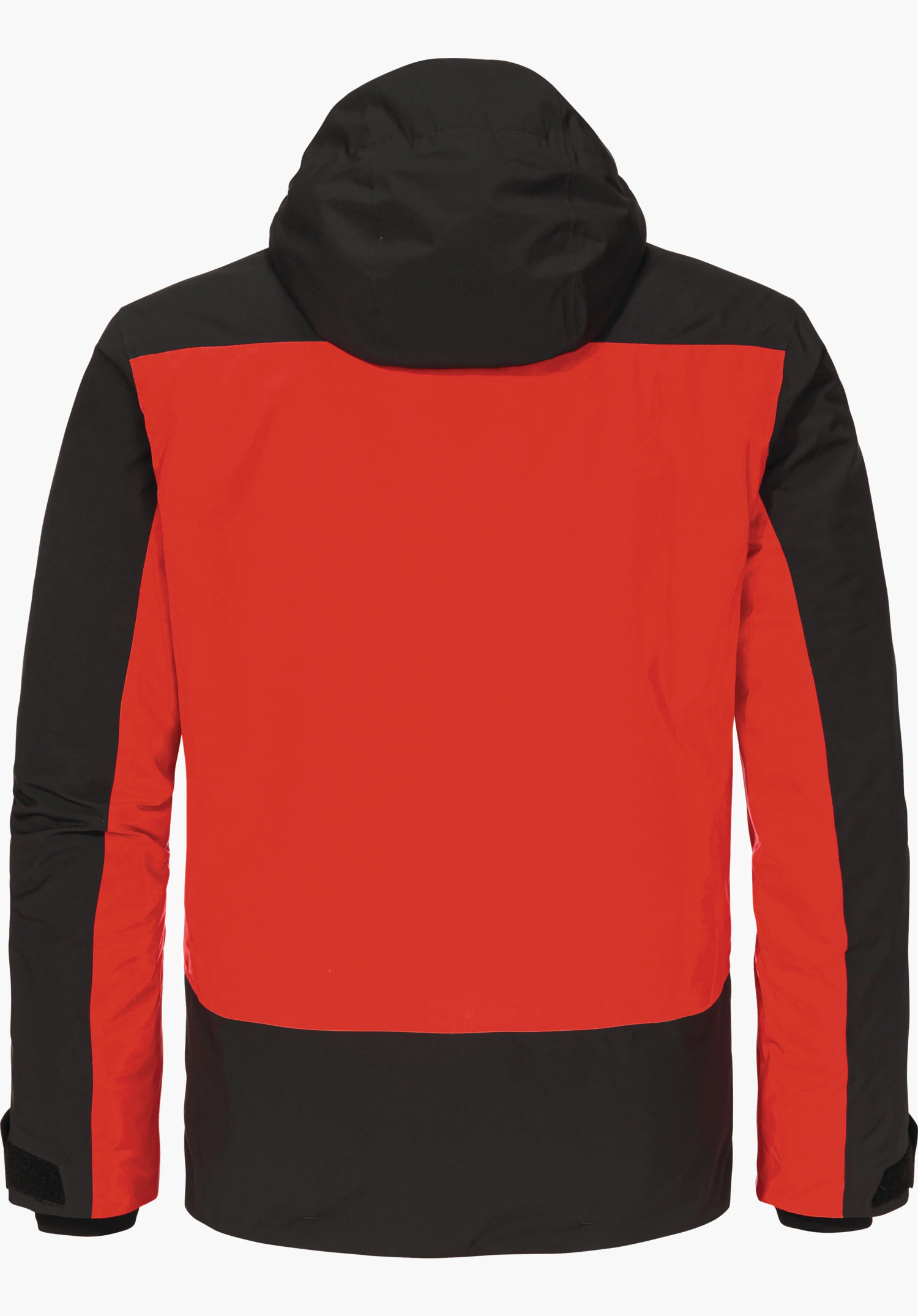 Jacket Style Zandwel MNS veste de ski color block rouge et noir, vue arrière; capuche et bas noirs, grand dos rouge, manches noires et rouges, présentée sur fond blanc.