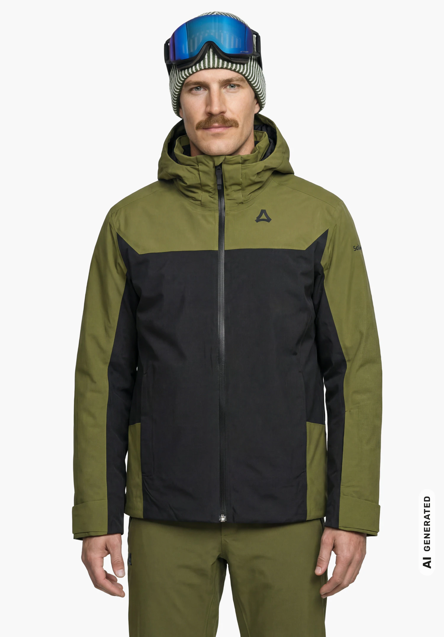 Jacket Style Zandwel MNS in green and black with hood and Schöffel logo, worn by a male model standing upright and shown from the front with arms hanging down against a white background. (AI-generated)