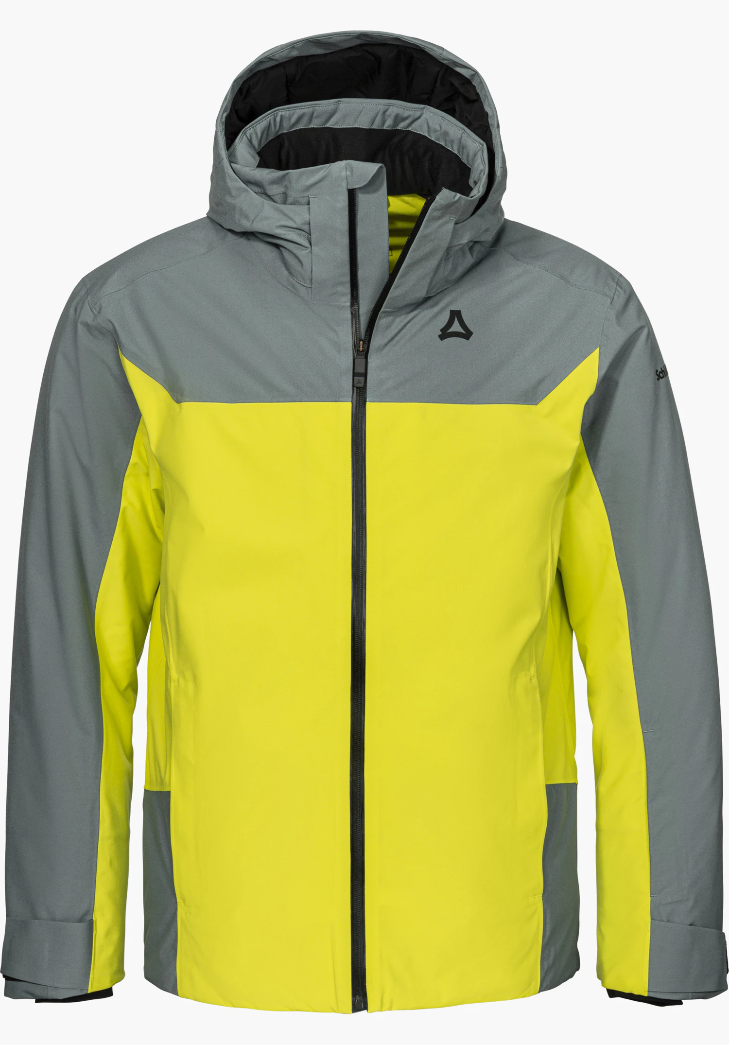Jacket Style Zandwel MNS ski jacket in yellow and grey with a hood, front zipper and Schöffel logo, shown from the front and isolated on a white background.