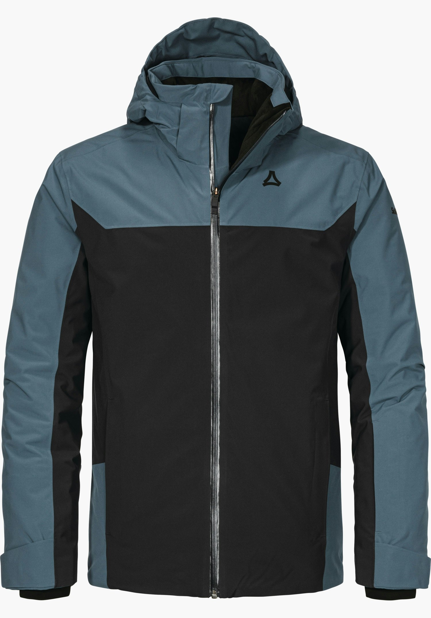 Jacket Style Zandwel MNS Frontansicht einer blau-schwarzen Outdoorjacke mit Kapuze, zentralem Reißverschluss und Schöffel-Logo auf der linken Brust; gerader Schnitt, lange Ärmel und Seitentaschen.