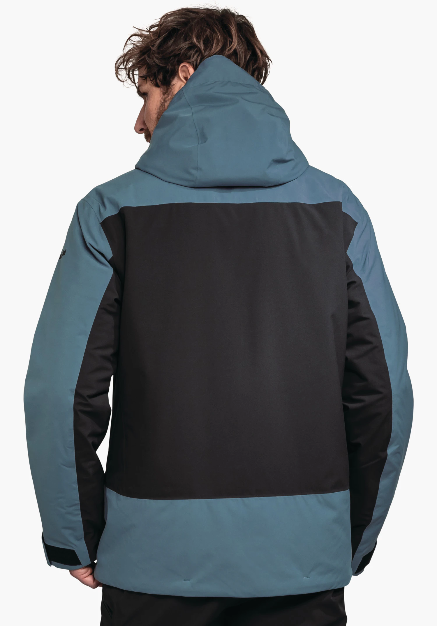 Jacket Style Zandwel MNS two-tone jacket (black and light blue) with hood covering the back of a standing person; person looks sideways to the left; white background.
