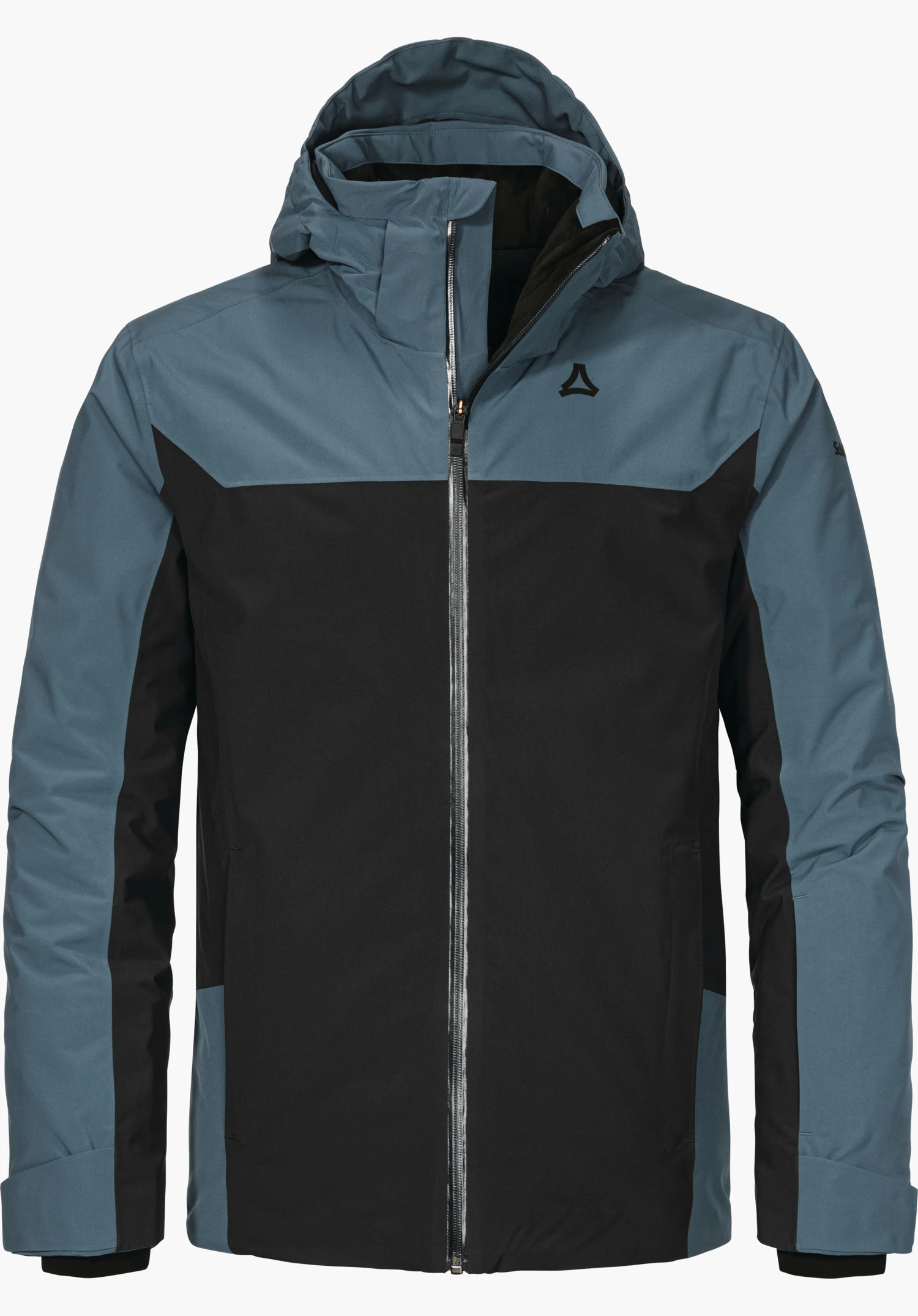 Jacket Style Zandwel MNS front view of a blue-black outdoor jacket with hood, central zip and Schöffel logo on left chest; straight cut, long sleeves and side pockets.