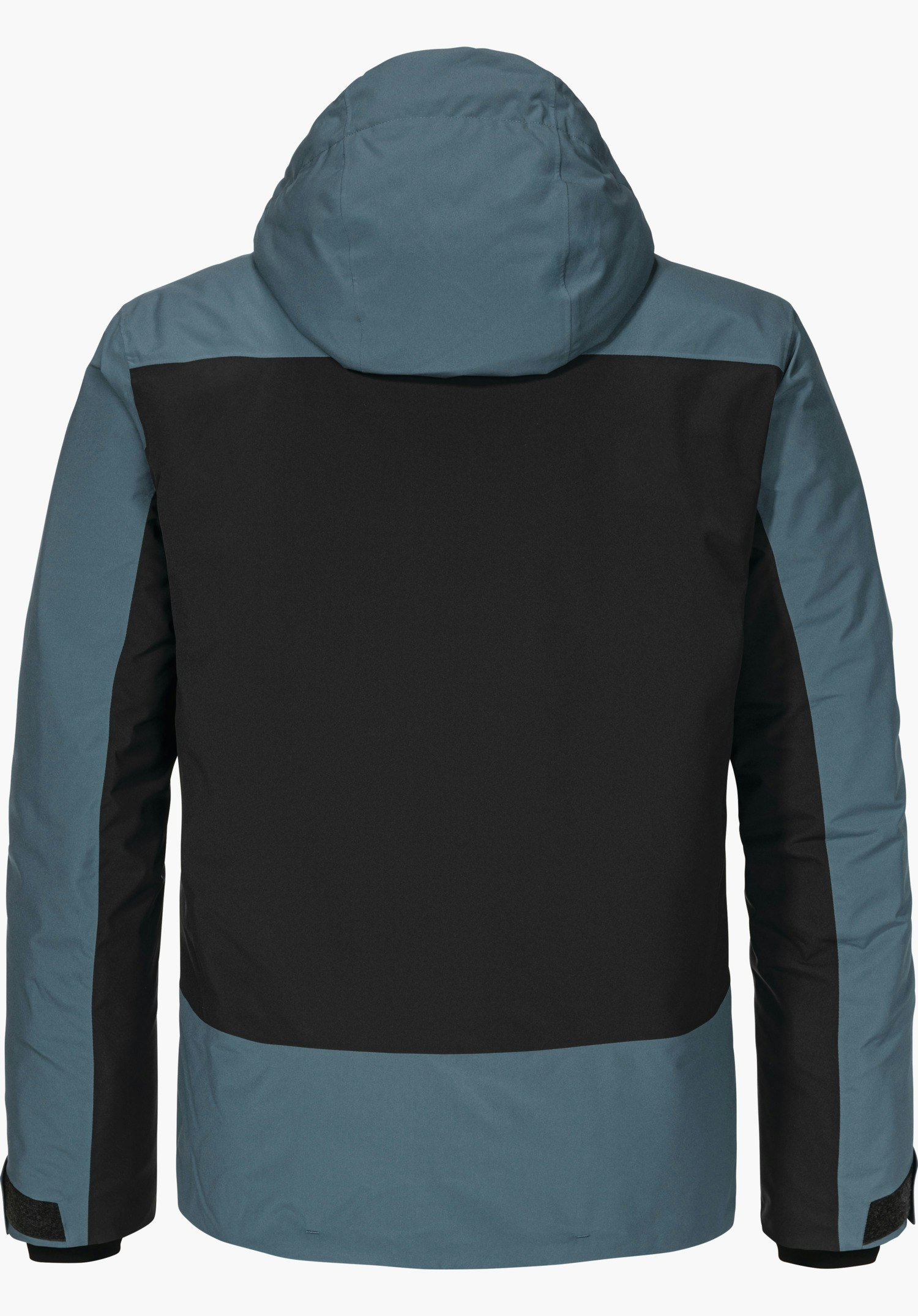 Jacket Style Zandwel MNS Jacke, zeigt Rückseite; großer zentraler Rücken schwarz, Ärmel, Kapuze und Saum dunkel blau, gerade präsentiert vor weißem Hintergrund.