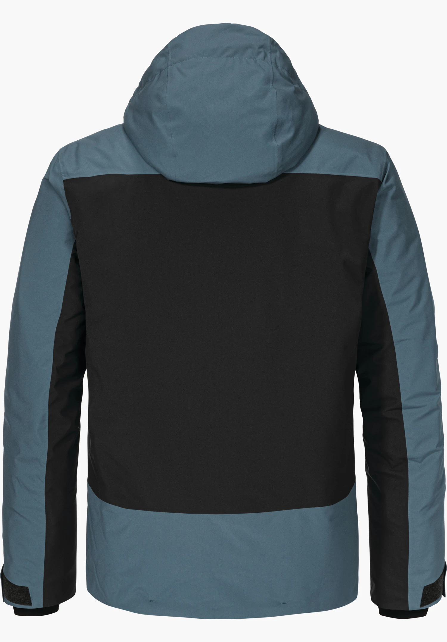 Jacket Style Zandwel MNS jacket, showing the back; large central black back panel, sleeves, hood and hem in dark blue, presented straight against a white background.