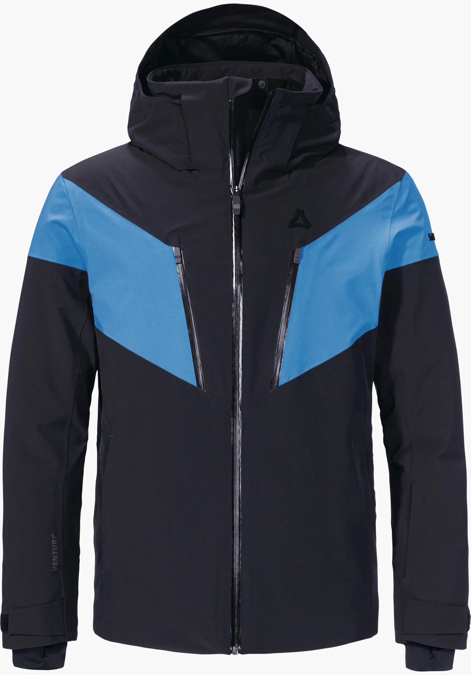 Jacket Style Safuna MNS Donkerblauwe skijas, frontaal afgebeeld, met blauwe V-vormige inzetten, capuchon en centrale rits; Schöffel-logo op de borst. Opschrift: “VENTURI®” op de mouw.